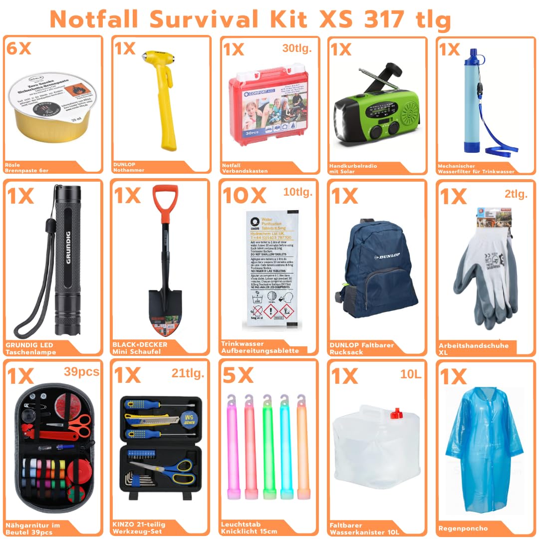 BLACKOUT Notfallset 317 Teile Survival Kit Stromausfall Prepper Ausrüstung mit Wasseraufbereitung Gaskocher Krisenvorsorge Camping Notfallrucksack Outdoor Notfallausrüstung Überlebensausrüstung
