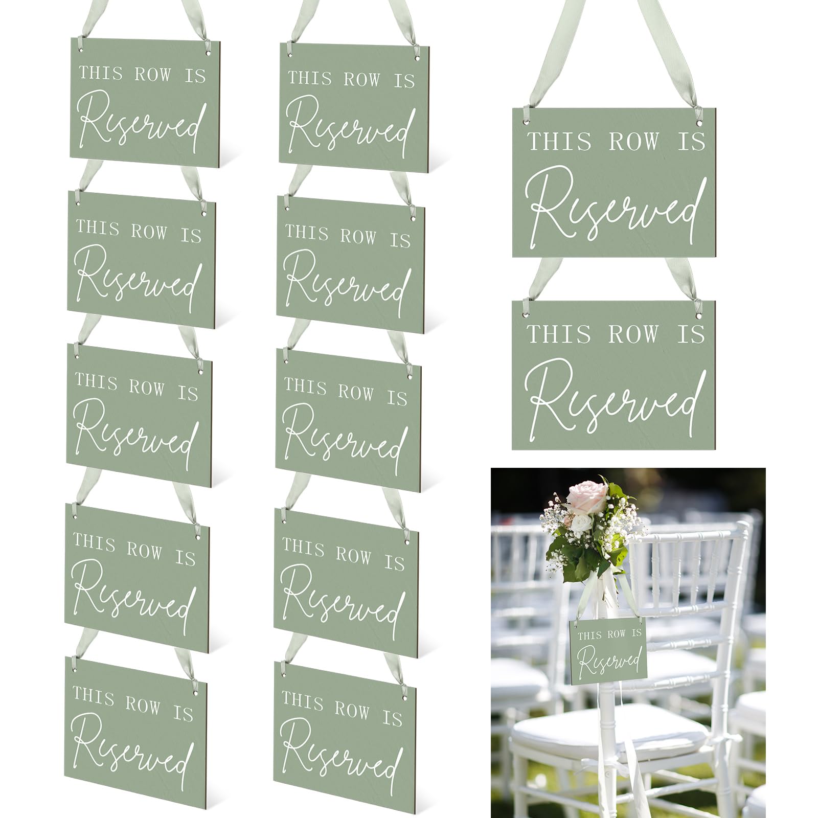 Photo 1 of Yousoontic 12 Pack Wooden Reserved Row Sign for Wedding Chairs This Row Is Reserved Hanging Signs with Ribbon for Wedding Reception Party Restaurant Church Events Pews, 5 x 7'' (Sage Green,Elegant)
