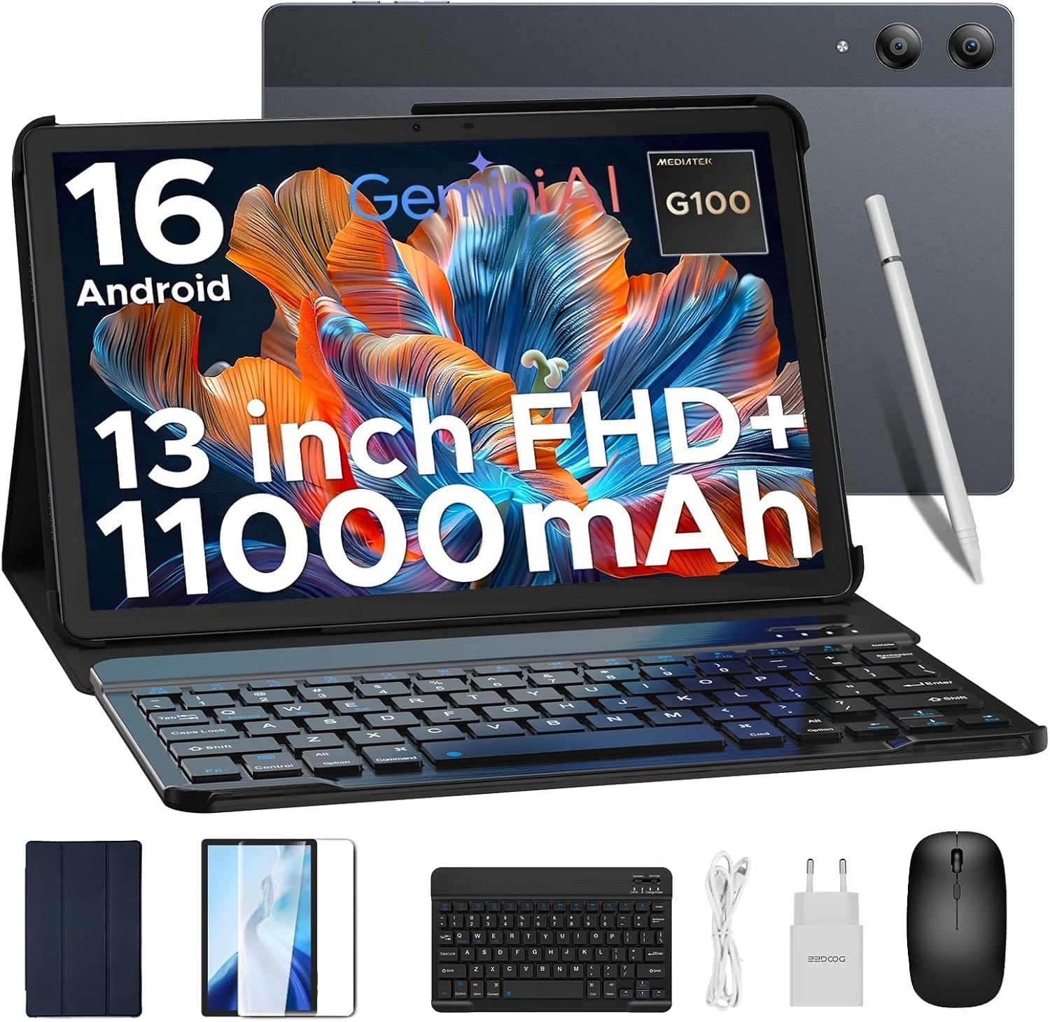 DOOGEE Tab E3 Pro Android 16 Tablet 13 Pollici Helio G100, 7.9mm Ultra-Sottile, 1920*1200 FHD+, 11000mAh Tablet con Tastiera, 32GB RAM+256GB ROM, 4G LTE+5G WiFi, 13MP+8MP Quattro Altoparlanti, Grigio