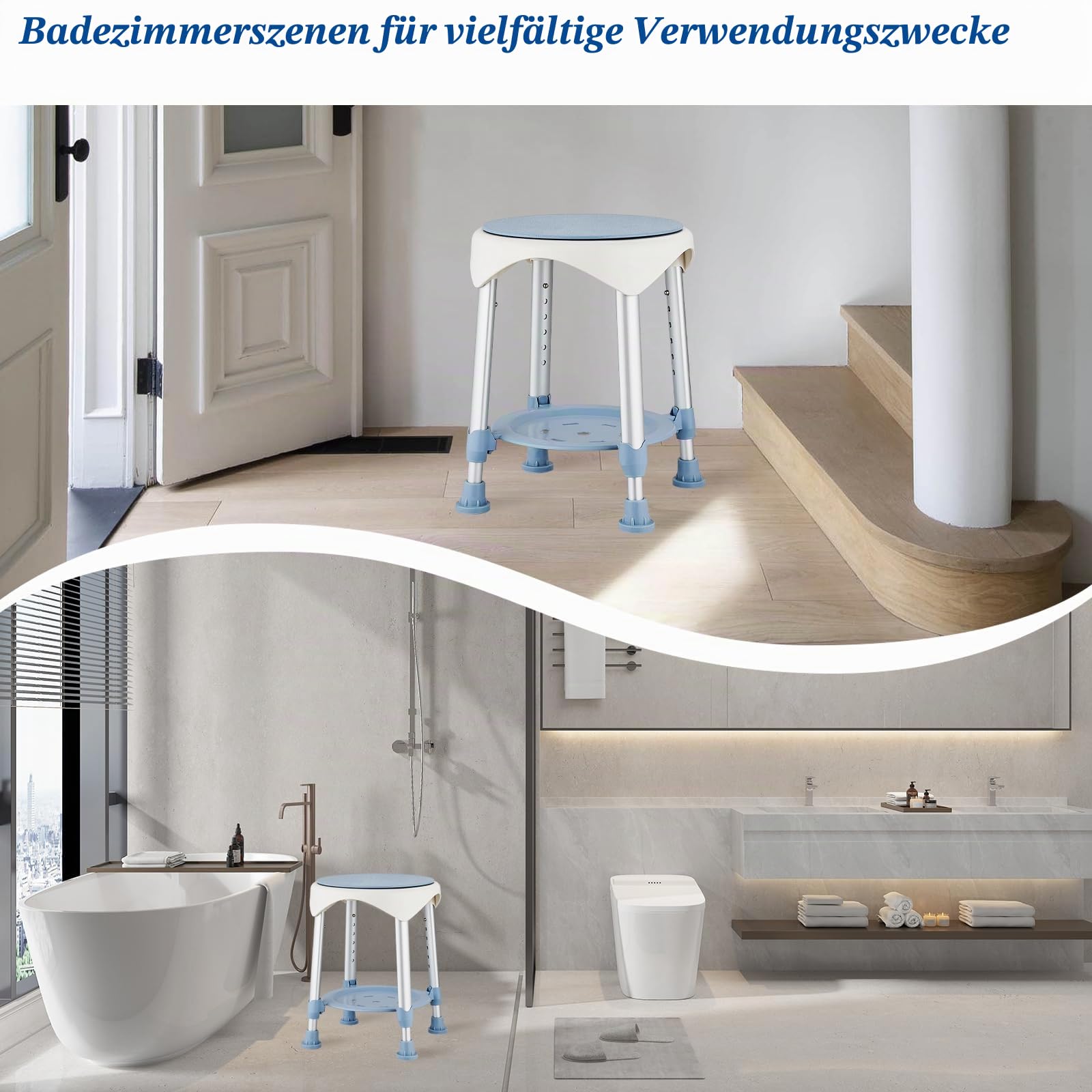Duschhocker für die Dusche, Upgrade Drehhockers für Senioren, um 360° drehbarer Duschsitz, Badestuhl mit rutschfesten Gummifüßen, 6-stufig höhenverstellbarer Badestuhl mit Ablage