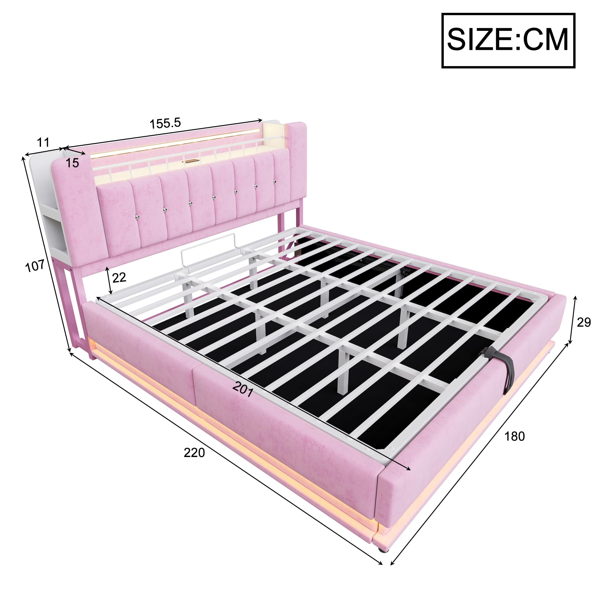 Kebnor Elegante letto imbottito con illuminazione a LED, vano portaoggetti USB e idraulico, rivestimento in velluto morbido e struttura in metallo (rosa, 180 x 200 cm)