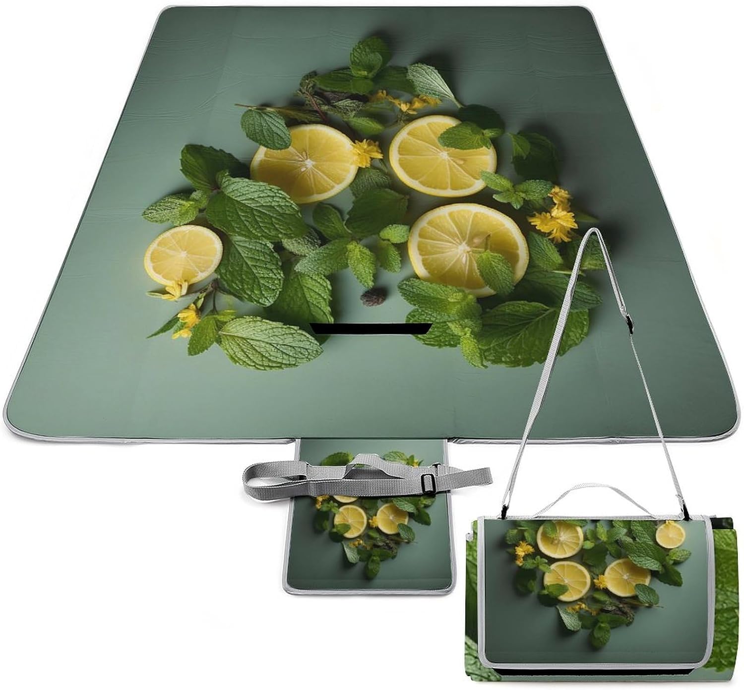 Mint Leaves and Lemon Foldable Waterproof Outdoor Picnic Mat for Beach, Camping & Park - Outdoor Rugs with Sponge Padding