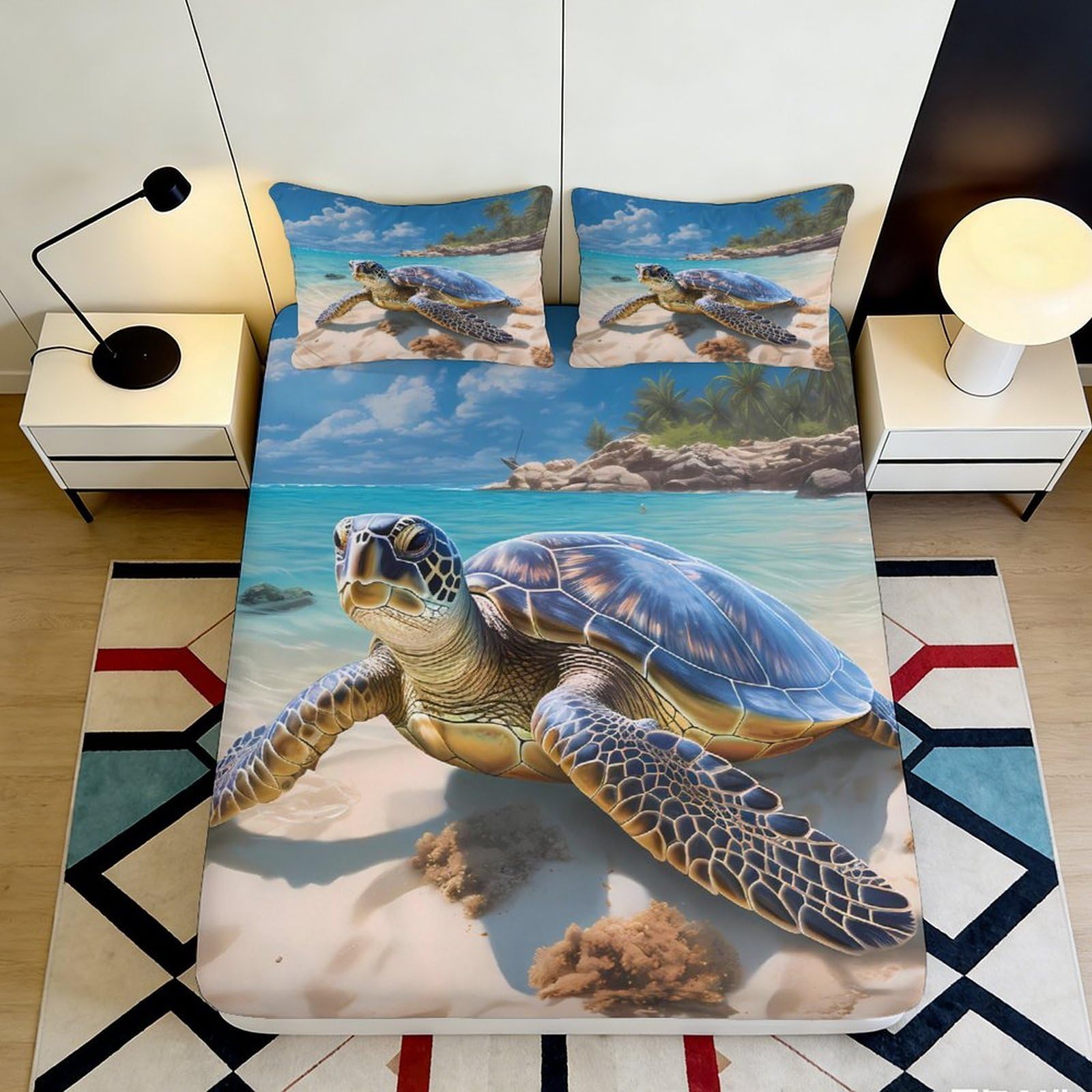 3D Printed Sea Turtle Fitted Sheet Microfiber Ocean Beach Bed Sheet for Bedroom Dorm Mattress Cover Decor 90x200x25cm