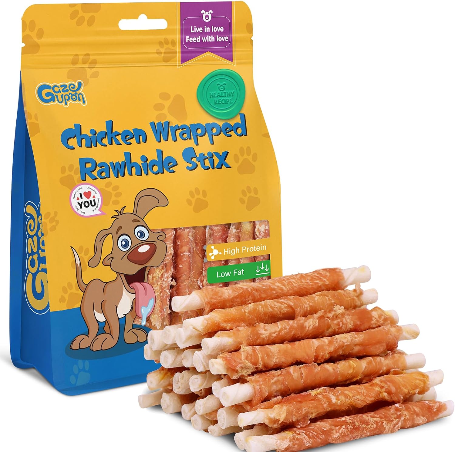 Gazeupon Dog Treats, Chicken Wrapped Rawhide Sticks, High Protein
