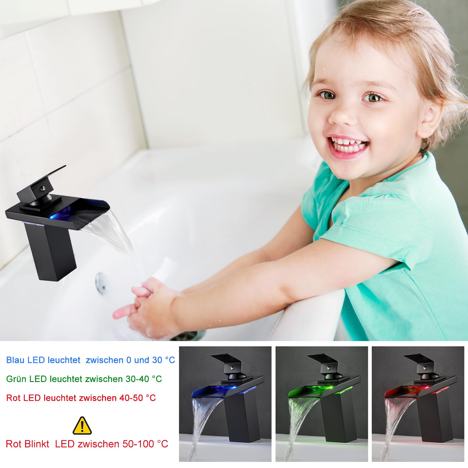 LED Wasserfall Wasserhahn Für Waschbecken – Mit 3 Farbwechsel Beleuchtung, Elektrisch, Badarmatur