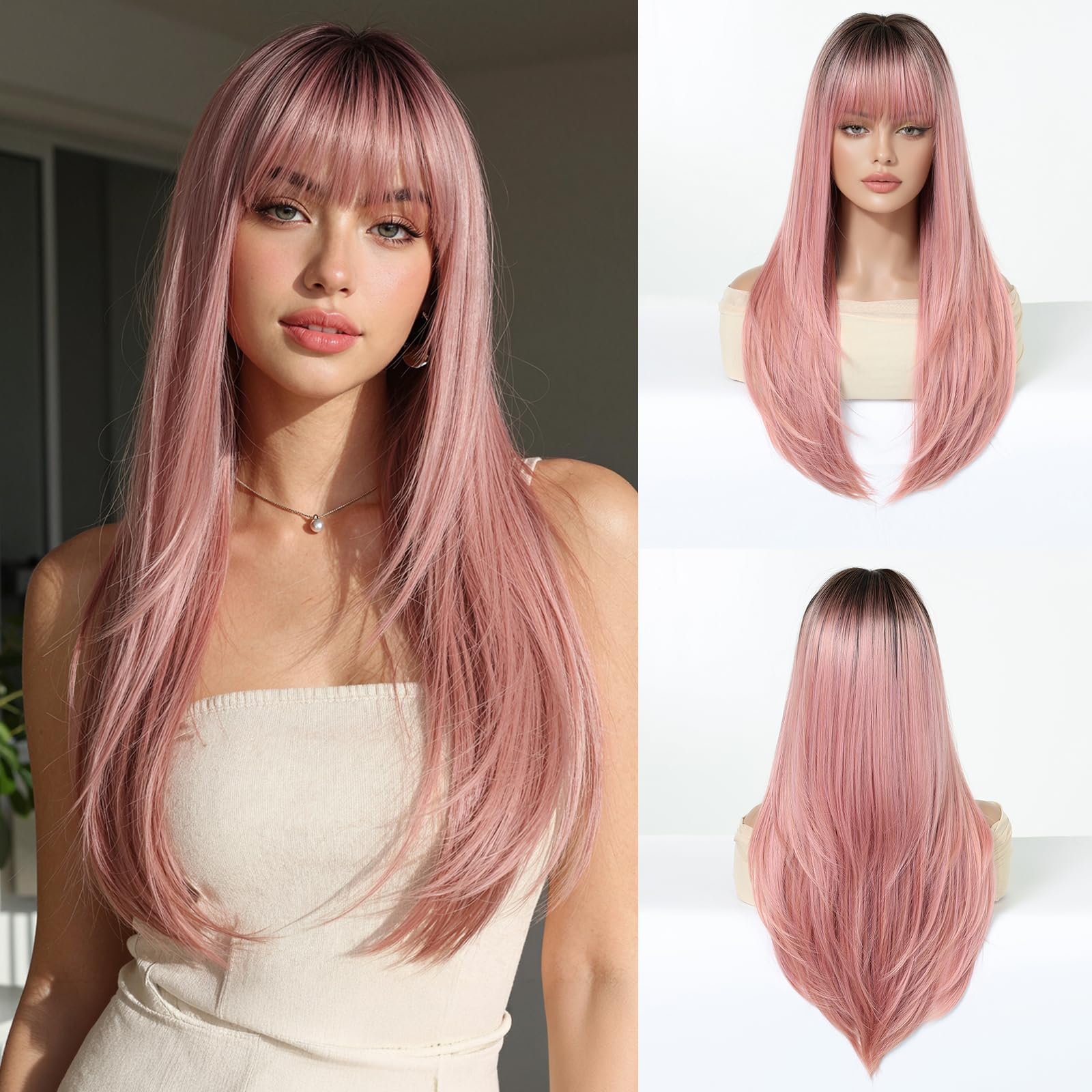 Esmee Pelucas Rectas Largas Rosa para Mujer con Flecos Peluca Ombre de Pelo Sintético Natural para Uso Diario y Fiesta