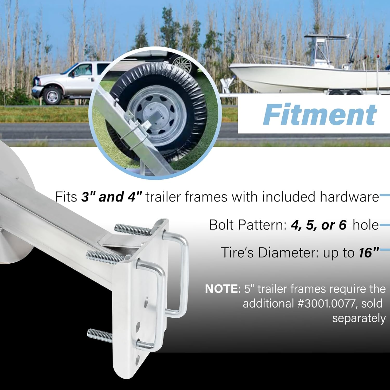 3001.0064 Heavy-Duty High-Mount Spare Tire Carrier Fit for 5 & 6-Hole Tires Up to 16” and 3" and 4" Trailer Frames