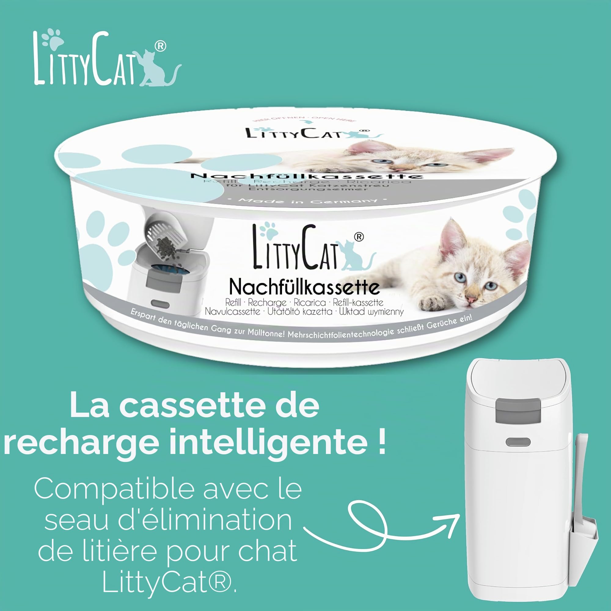 LittyCat® Recharges pour Seau à litière LittyCat (Lot de 6) • Jusqu’à 3 Mois par Cassette • Élimination Propre et sans odeurs de la litière • Système de Gaine pour excréments de Chat