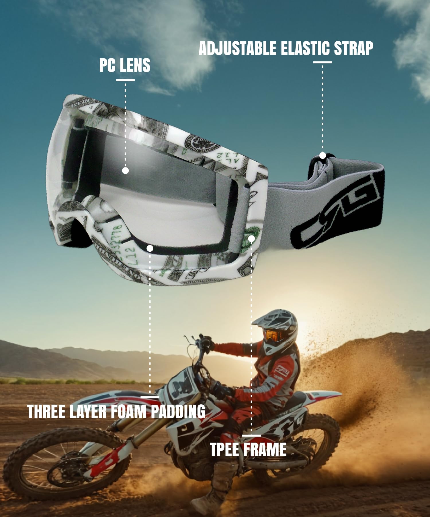 CRG Sports motocross ATV Dirt bike off Road Racing goggles T815 – 27 – 1 A T815 – 27 – 1 A, colore: Nero