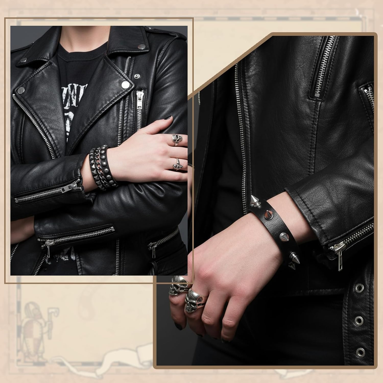 3 Pcs Punk Rock Leather Studded Bracelets, Spiked Leather Cuff Bracelet for Men Women 80s 90s Goth Adjustable Wrap Wrist Cuffs Emo Jewelry Accessories - Image 6