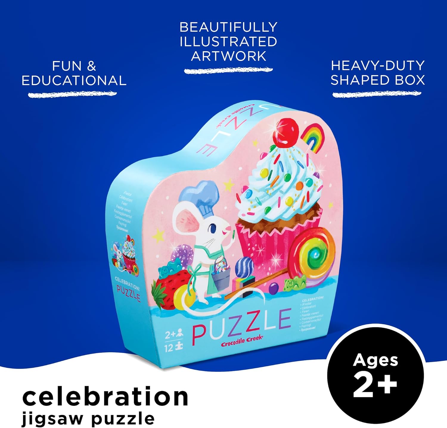 Crocodile Creek 12-Piece Mini Jigsaw Puzzle - Fun Floor Puzzles for Kids Ages 2-4 and Up - Heavy-Duty Shaped Box for Storage - Celebration with Birthday Cupcake and Mouse - 12" x 9" Finished