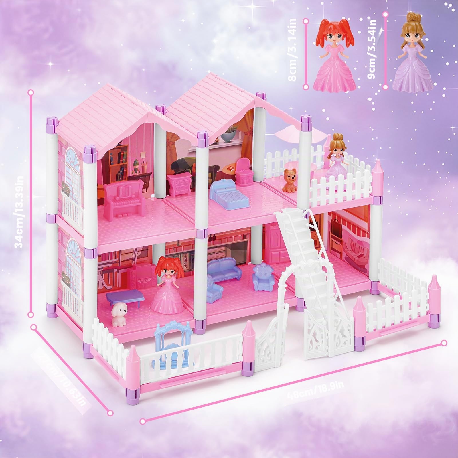 deAO Casa delle Bambole Piccola con 2 Bambole, Mobili e Accessori, Villa dei Sogni con 5 Stanze, 1 Terrazza e Giardino, Gioco Creativo per Bambine 3-8 Anni, Rosa