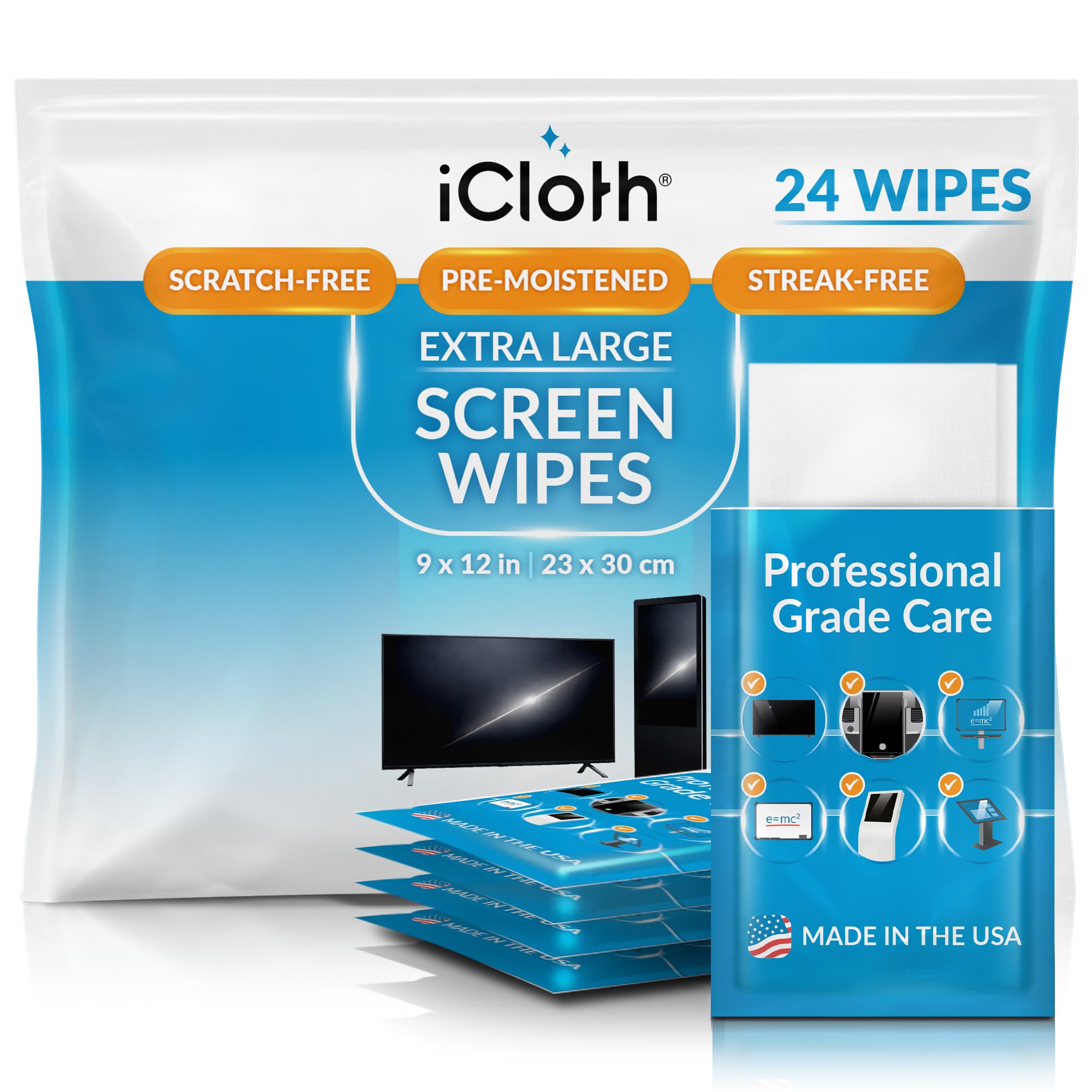 iCloth XL Screen Cleaning Wipes, Lint-Free and Streak-Free, Fast-Drying, Removes Dust, Fingerprints, and Smudges (24 XL Wipes)