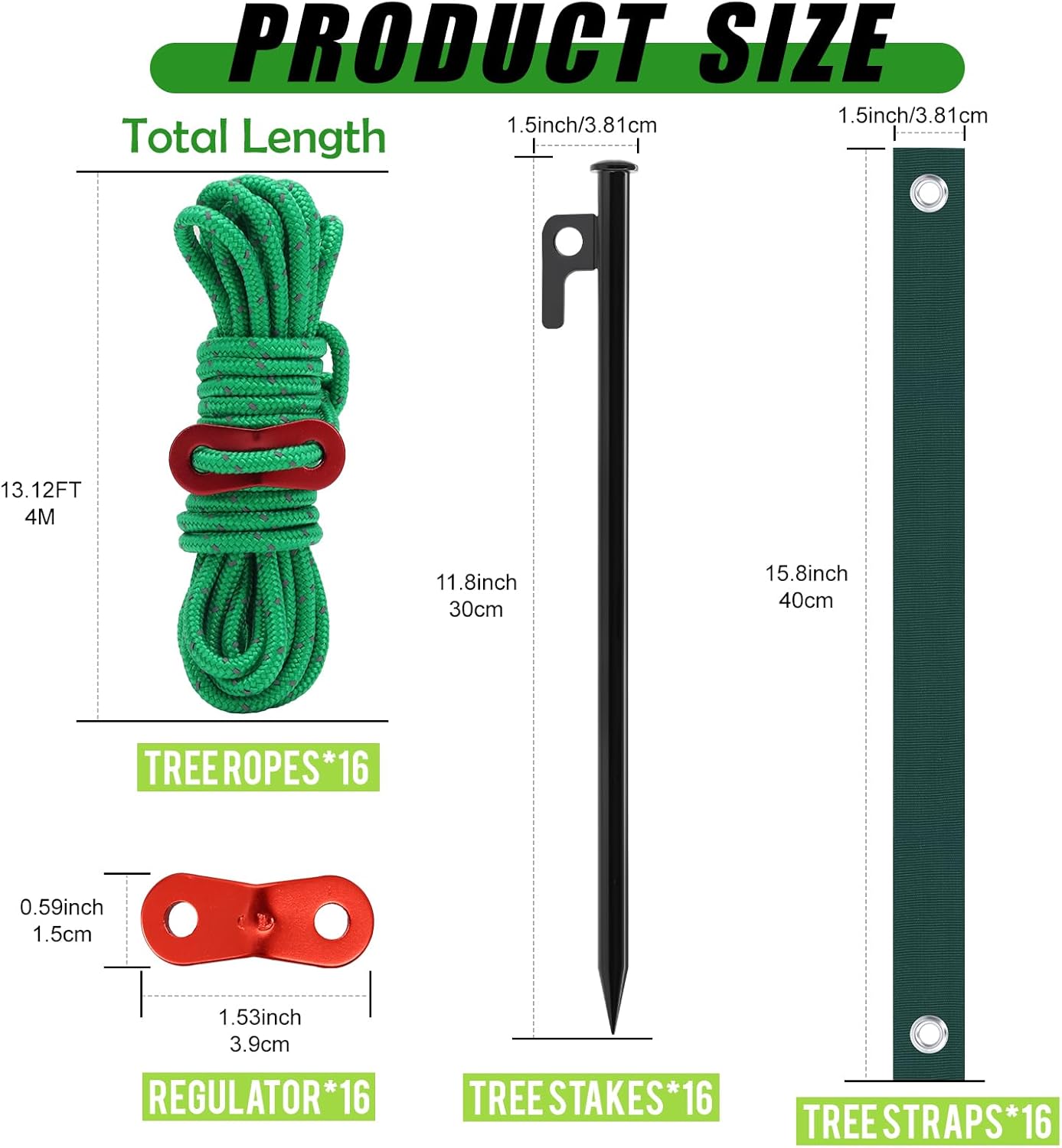 16 PCS Tree Stake Kits, 11.8 Inch Tree Stakes Supports Heavy Duty Leaning Young Tree Metal Staking for Straightening Tree Straps 13.12 Ft Ground Anchor Tree Rope Against Strong Wind Bad Weather Green