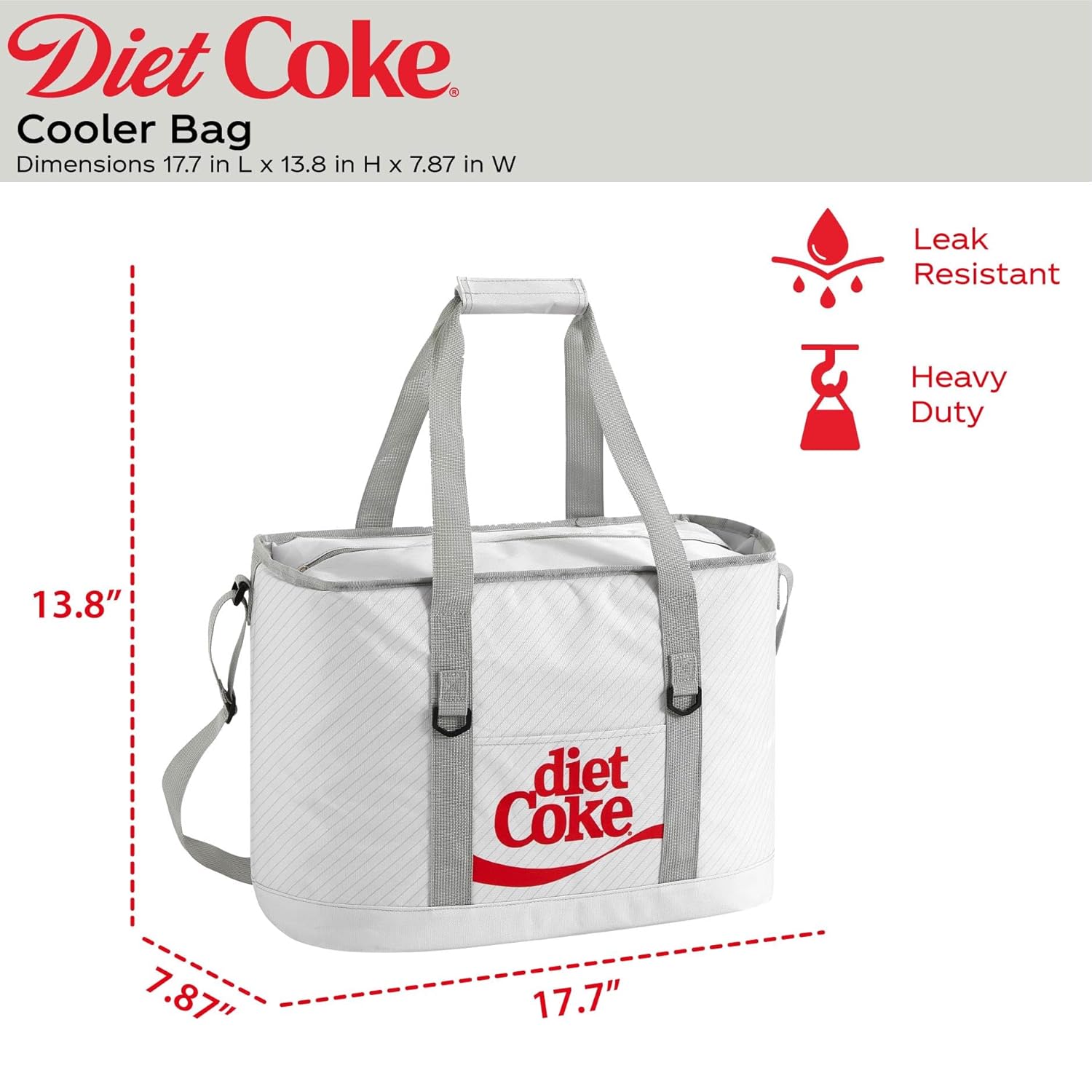 Diet Coke Cooler Tote Bag, 40 Can Soft Cooler with Adjustable Shoulder Strap & Front Pocket, Portable Drink & Food Cooler for Beach, Picnic, Camping, Tailgating