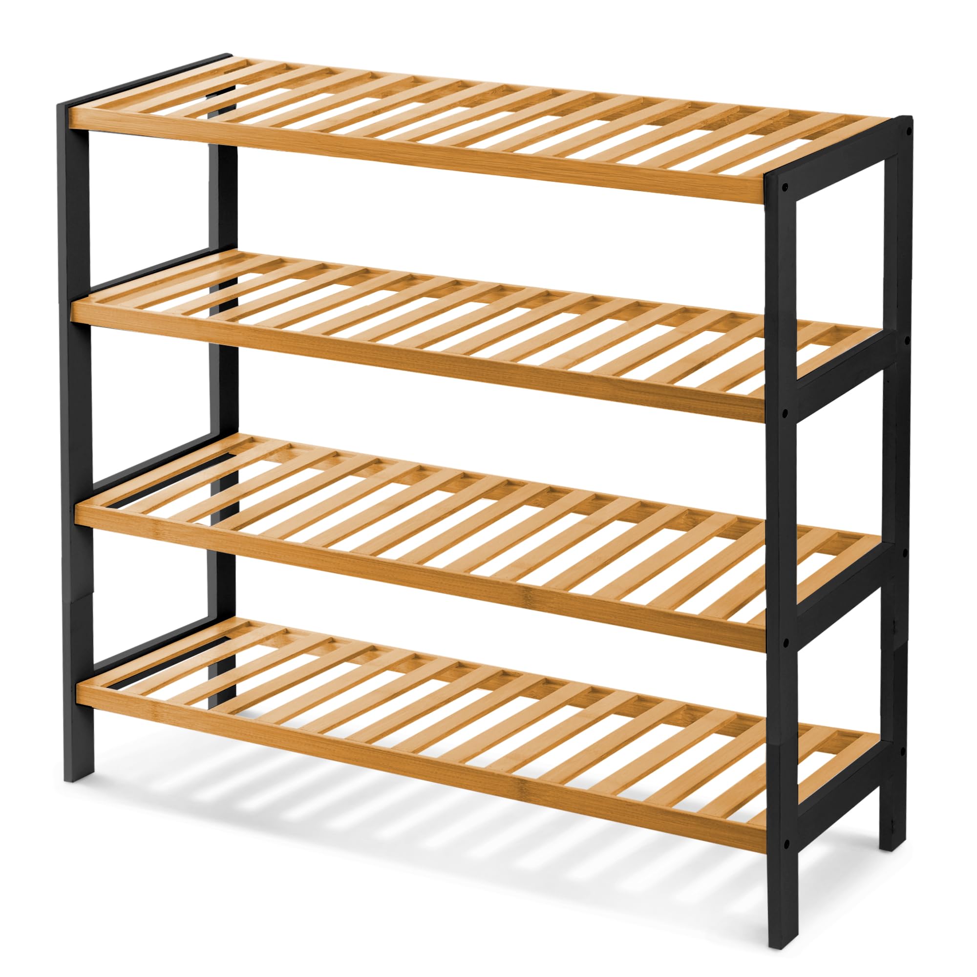 KEPLIN Natural Bamboo Shoe Rack Easy Assembly & Strong Design Shelf Organiser Ideal for Bedroom, Bathroom, Hallway & Small Spaces Capacity Up to 12 Pairs of Shoes (Black/Natural, 4 Tier) (70x67x25cm) โ image 1