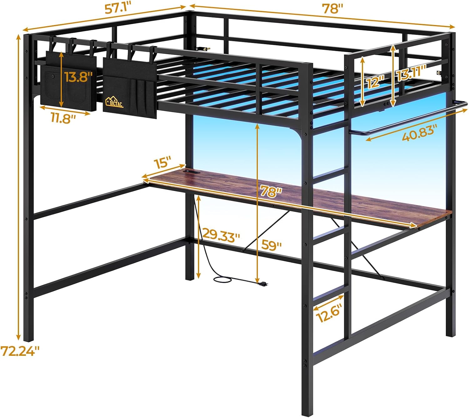DICTAC Loft Bed Full Size with Desk and Led Lights Metal Loft Bed Full Size with Charging Station Full Bed Frame for Teen/Adult with Desk Underneath,Safety Guardrail and Ladder,Space-Saving,Black