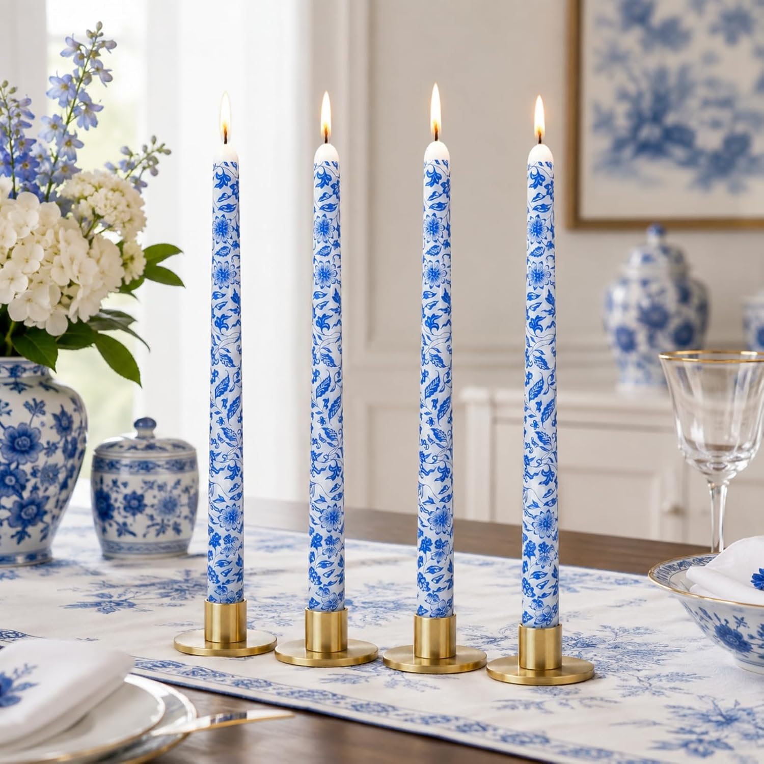 Blue Floral Taper Candles 10in-Chinoiserie Candlesticks for Table Decor