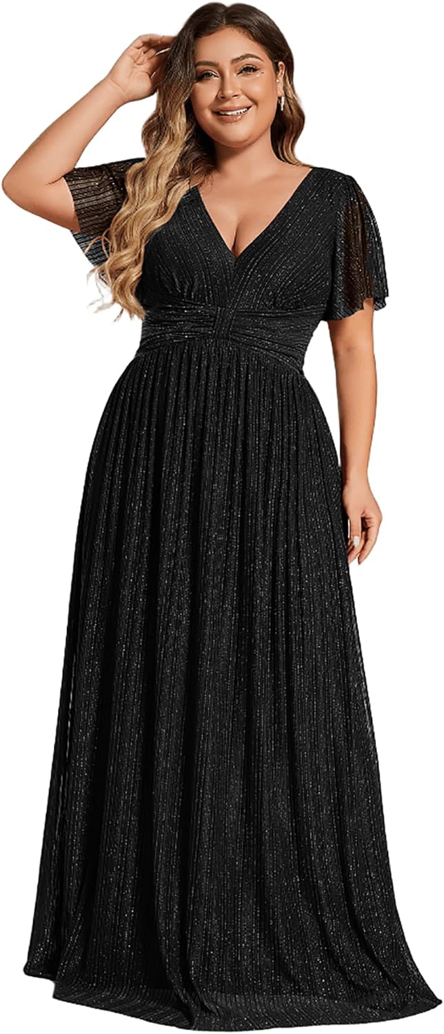 Ever-Pretty Women’s A Line V Neck Glitter Short Sleeves Pleated Plus Size Formal Evening Dresses 11961-DA