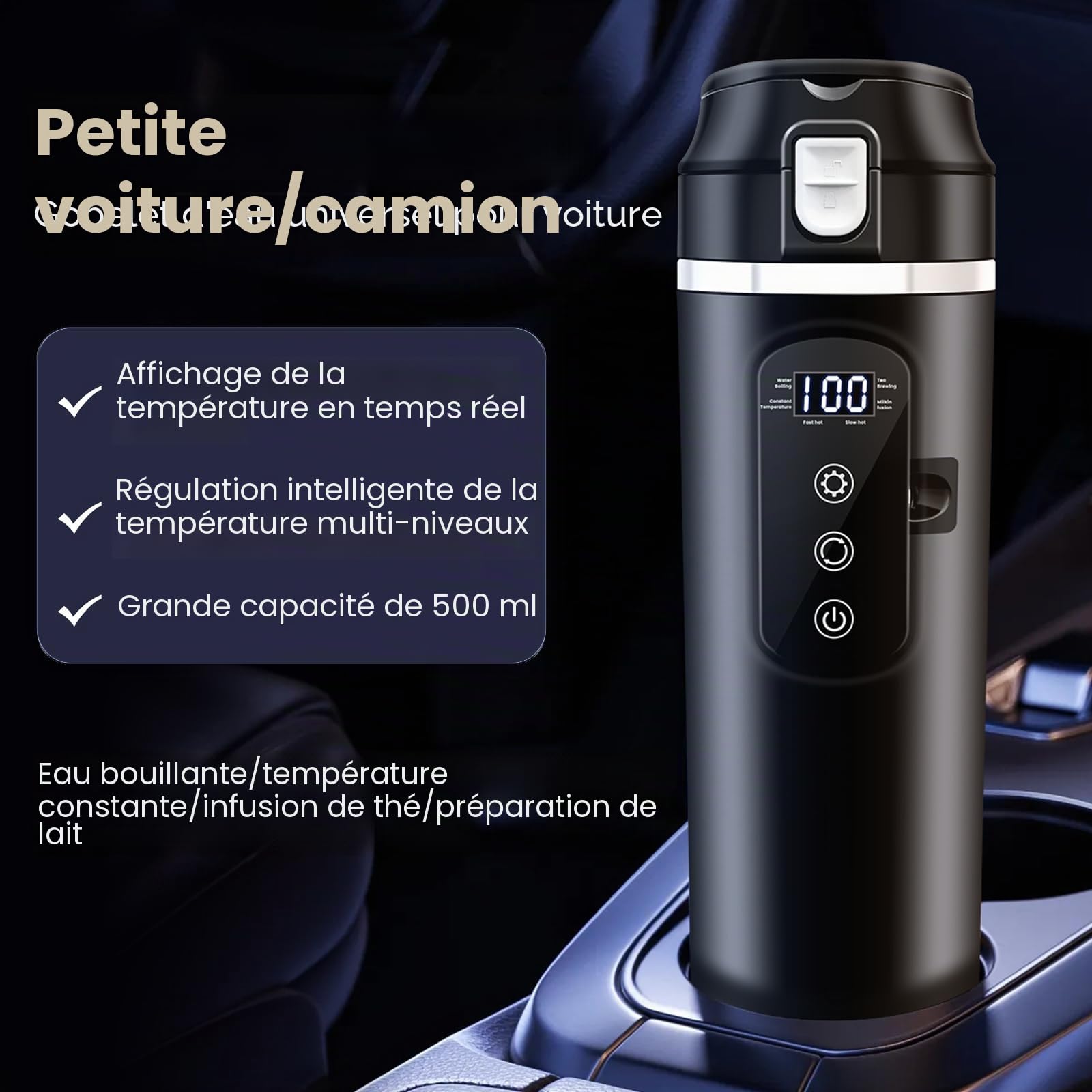 Bouilloire électrique pour voiture, tasse chauffante 500 ml, bouilloire de voyage, mini café électrique 12 V, réglage de la température variable jusqu'à 100 °C, pour camion, camping