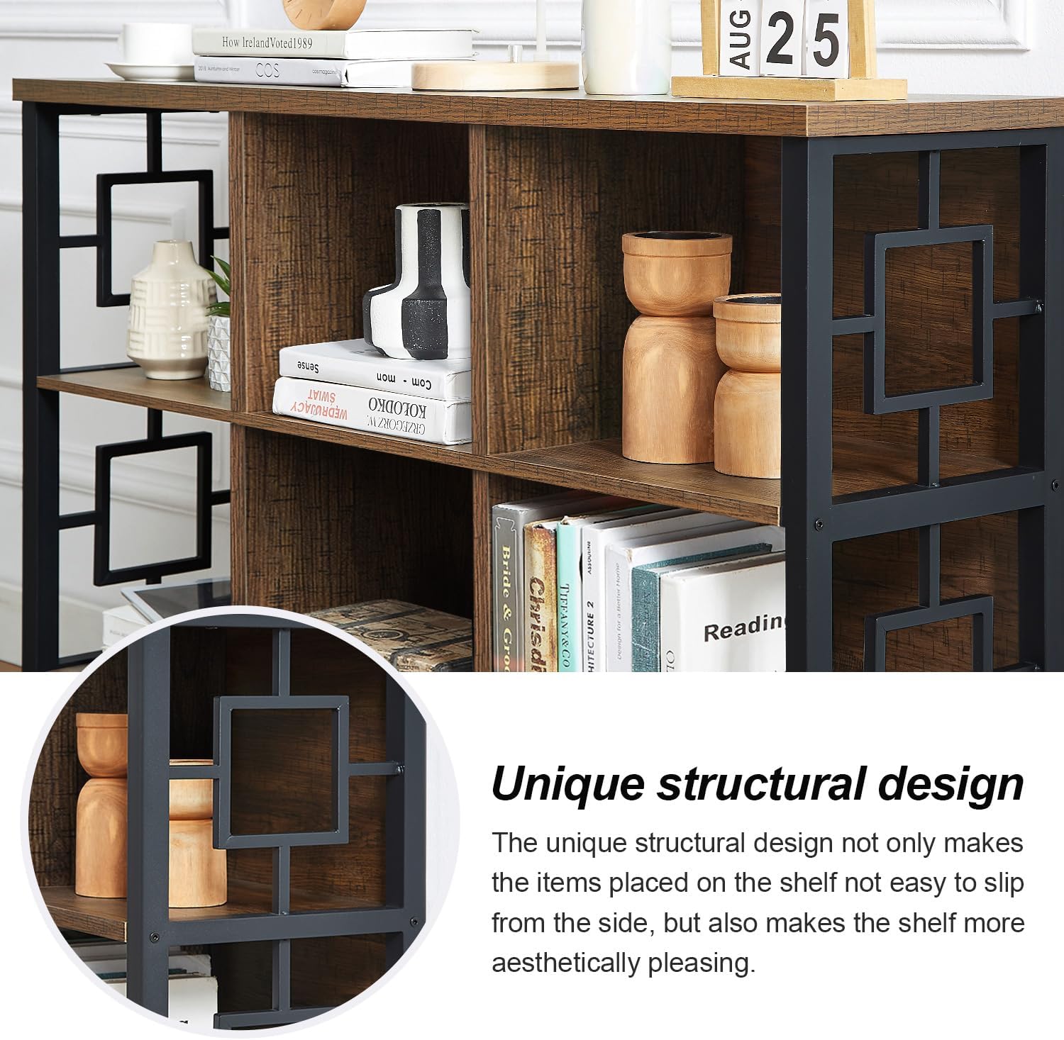 HOMISSUE 6 Cube Storage Organizer Shelf, Rustic Short Bookshelf with 3 Storage Bins, Industrial Horizontal Bookshelf with Metal Frame, Low and Wide Cube Bookcase for Living Room and Office, Brown