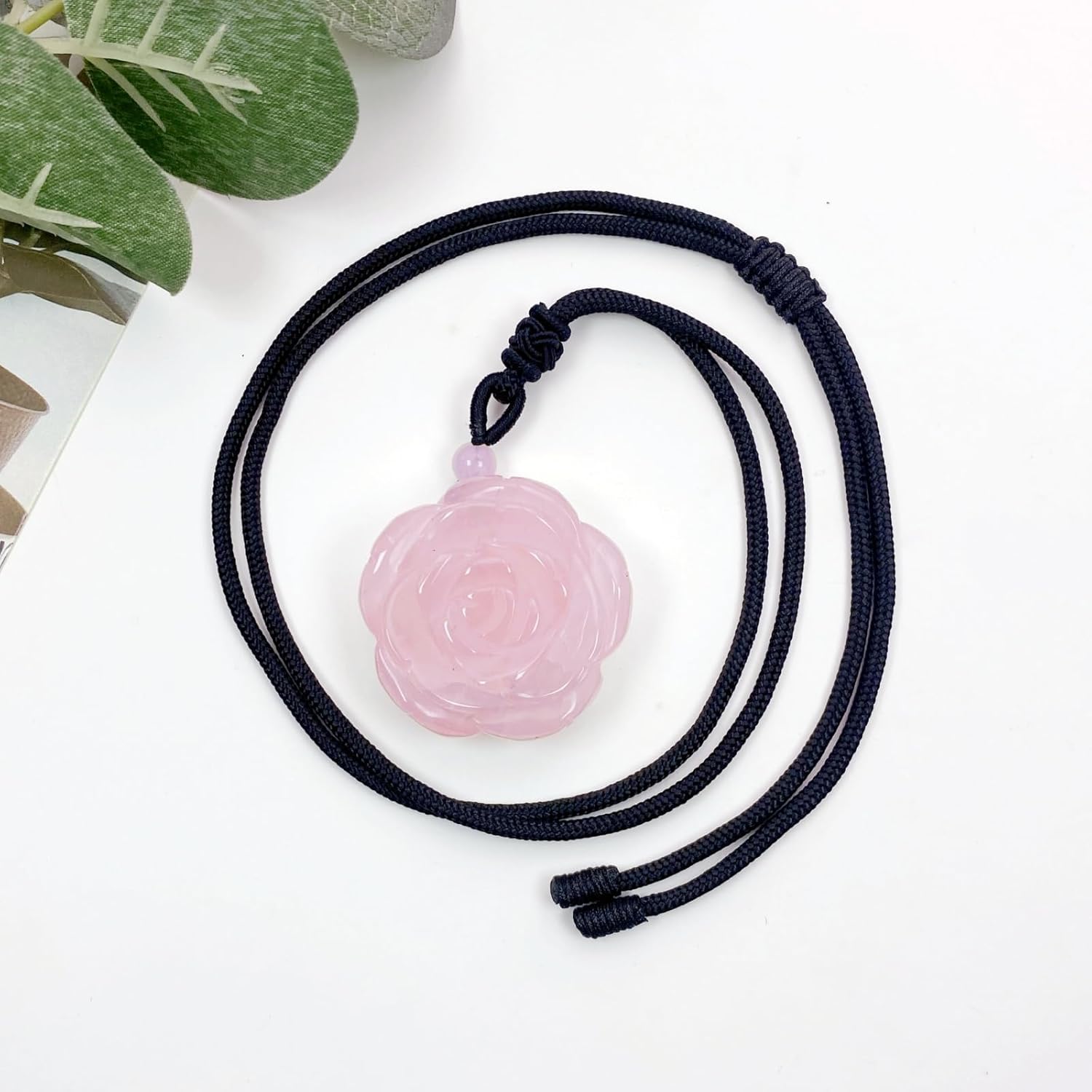 EDEN'S CALL Natural Crystal Rose Flower Pendant Necklace for Women Handcraved Floral Pendant with Adjustable Black Cord, Rose Quartz - Image 2
