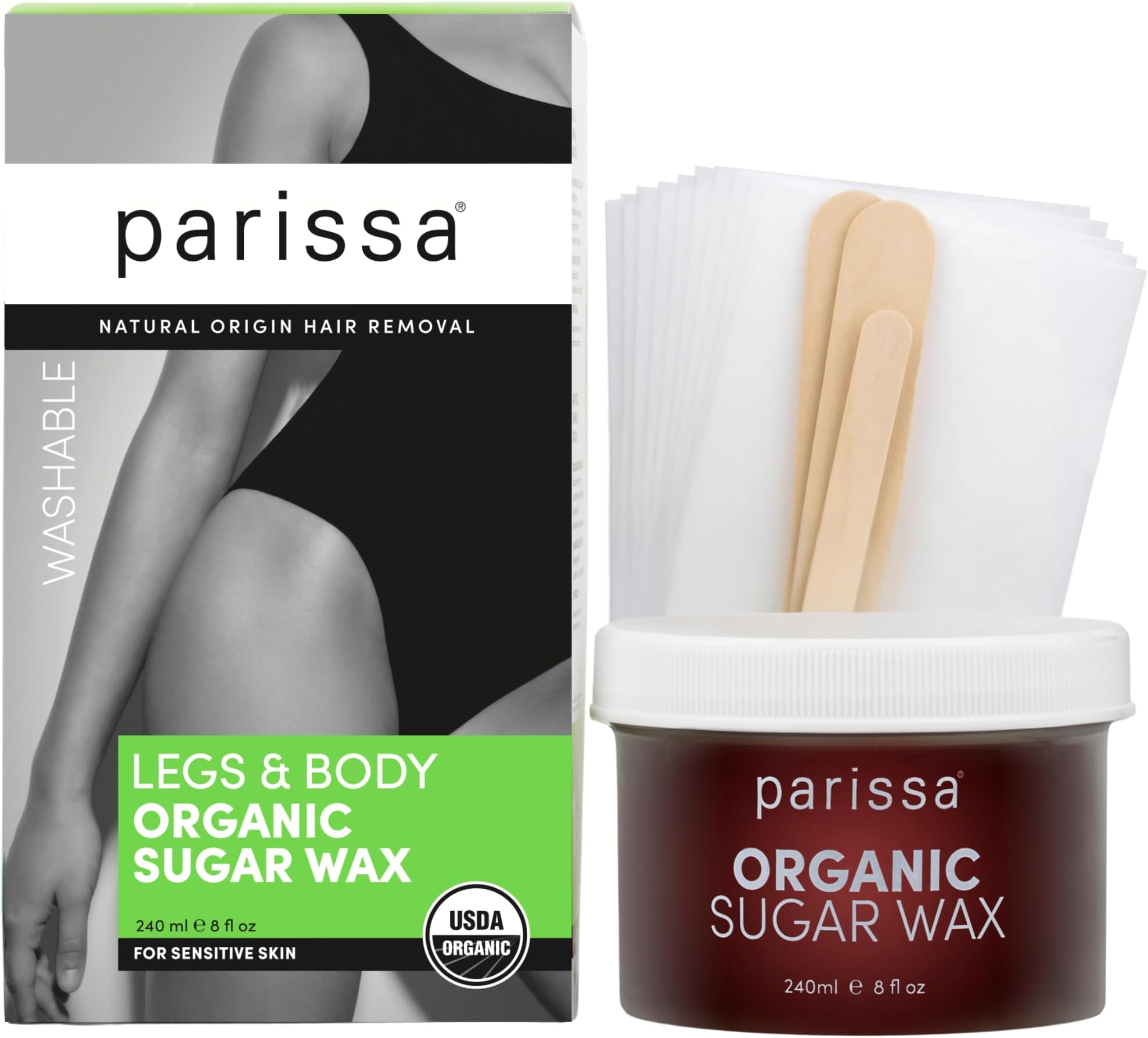 PARISSA Premium Organic Sugar Wax for Legs & Body, 100% Natural, Gentle & Washable Formula, At-Home Waxing Kit 240 ML | Made In CANADA