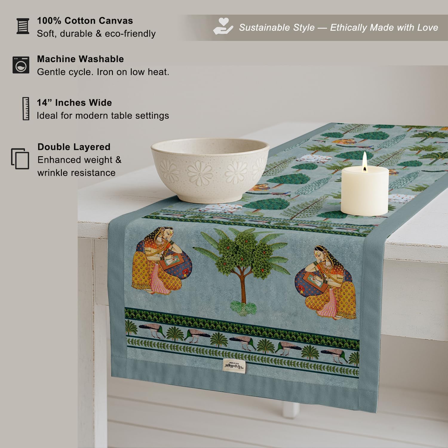 Premium Cotton Table Runner - Lightweight Double Layer - Border Design - Machine Washable Farmhouse Table Decor - Asian