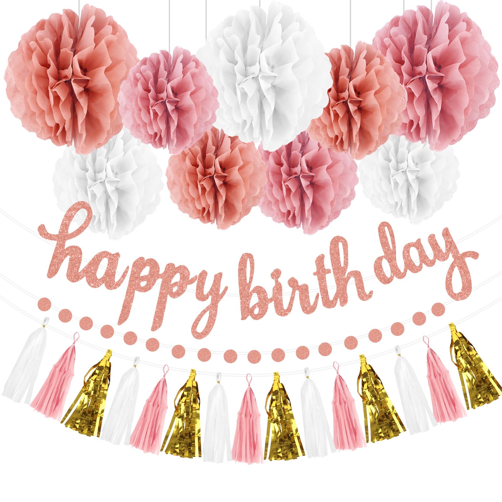 Wanciler Rose Gold Birthday Decoration for Women Birthday Decor With Happy Birthday Banner Bunting Pompoms Paper Tassel Garland for Girls Women Birthday Party
