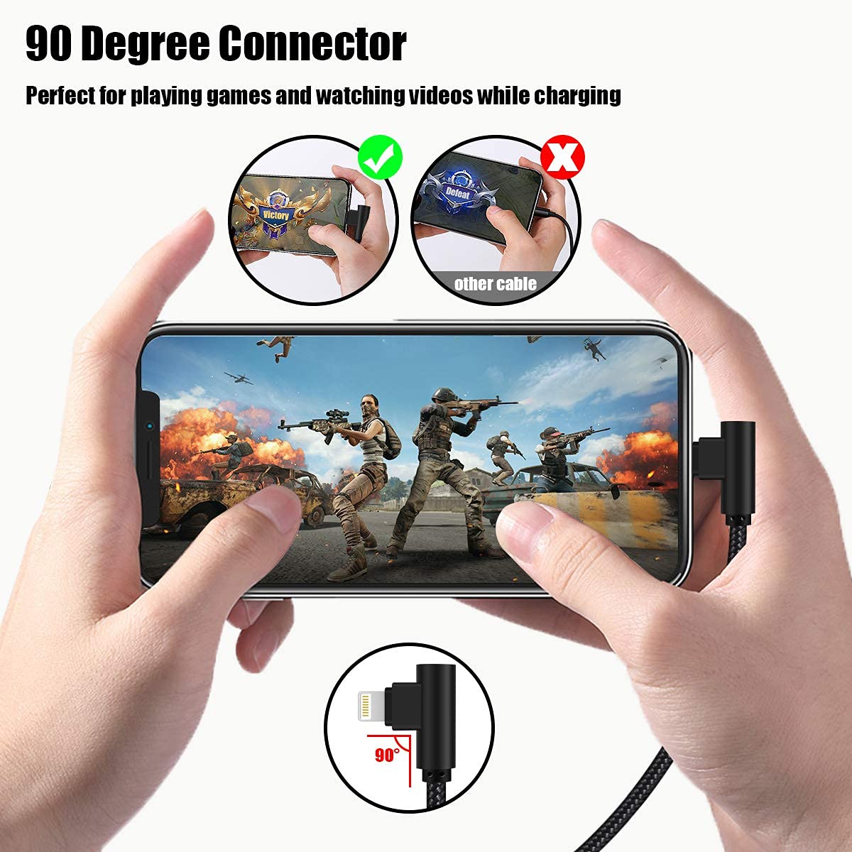 Cargador para iPhone de 3 pies con certificación MFi, paquete de 3 cables Lightning trenzados de nailon de 90 grados, cable de carga en ángulo recto para iPhone 14 13 12 11 Pro X XS XR 8 Plus 7 5