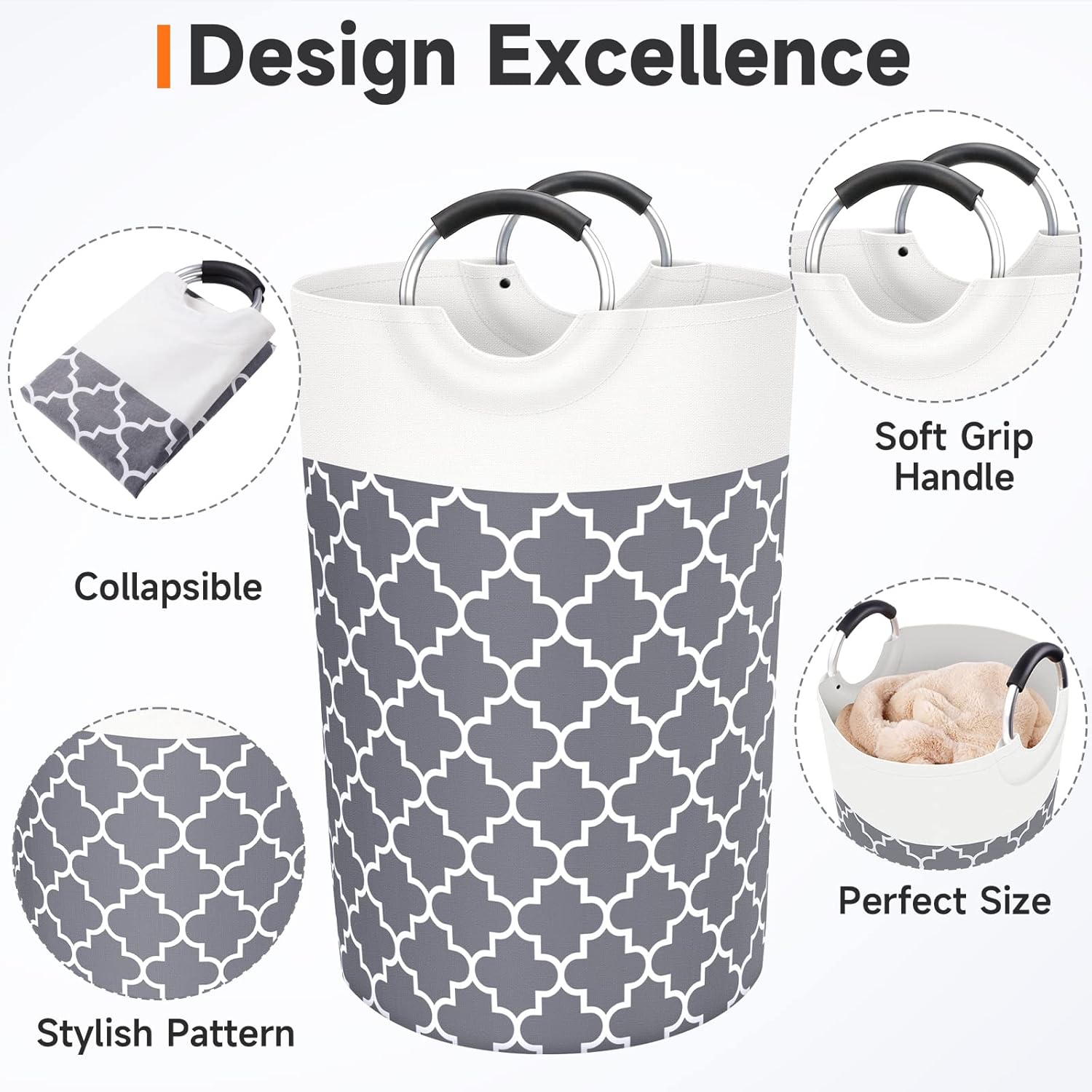 Fabspace Large Laundry Basket Laundry Hamper Bag Washing Bin Clothes Bag Collapsible Tall with Handles Waterproof Travel Bathroom College Essentials Storage for College Dorm, Family (Grey) 115L