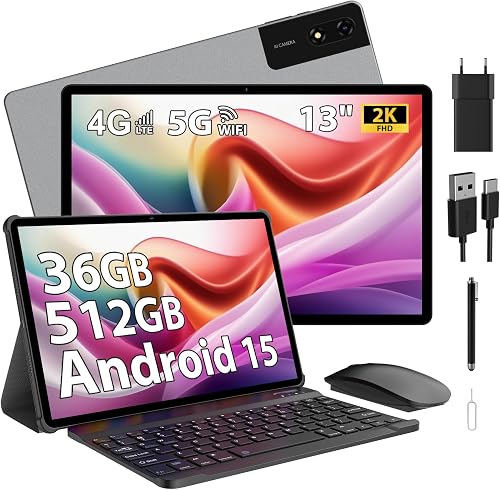 MIVASOLO Tablet 13 Pulgadas Android 15 Tableta con 4G LTE/5G WiFi,2960x1848 FHD+,36GB RAM+512GB ROM+1TB,11580mAh,13MP+8MP,Bluetooth 5.0, GPS, Pantalla Dividida, Face ID,Tableta con Teclado,Negro