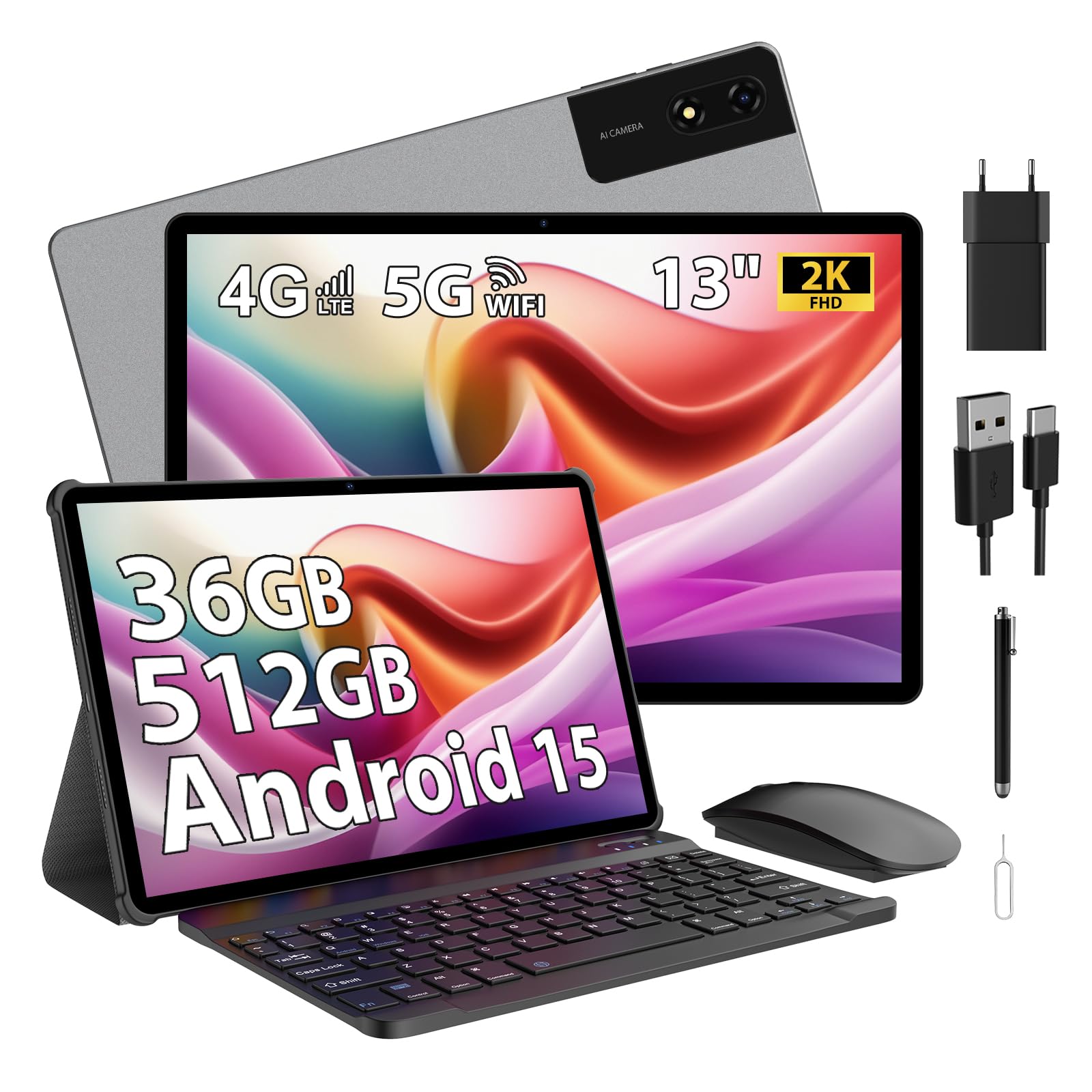 Tablet 13 Pulgadas Android 15 Tableta con 4G LTE/5G WiFi,2960x1848 FHD+,36GB RAM+512GB ROM+1TB,11580mAh,13MP+8MP,Bluetooth 5.0, GPS, Pantalla Dividida, Face ID,Tableta con Teclado,Gris