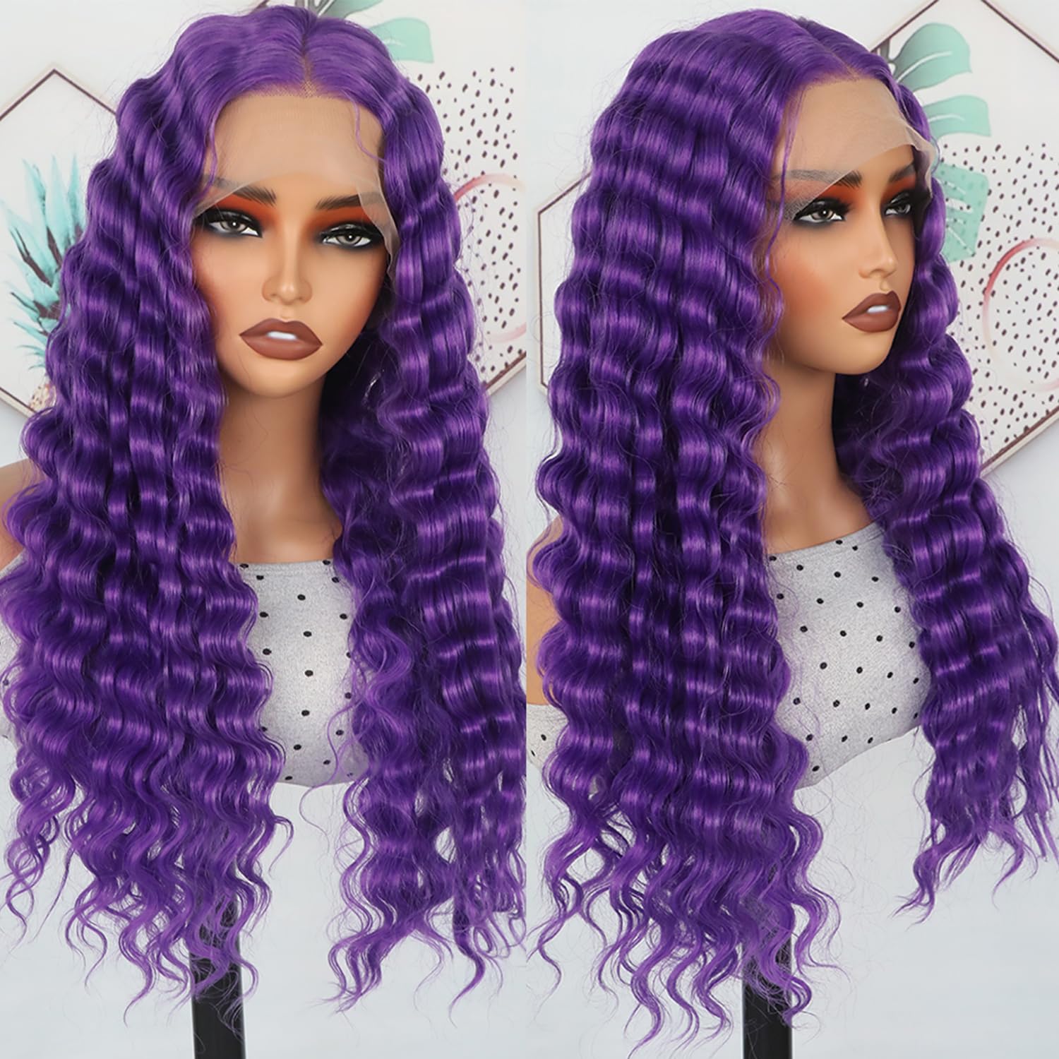 Purple Loose Curly Lace Front Wigs Pre Plucked Kinky Curly Wig Glueless Dark Purple Colored Wigs Heat Resistant Long Curly Wave Synthetic Lace Front Wigs for Fashion Black Women