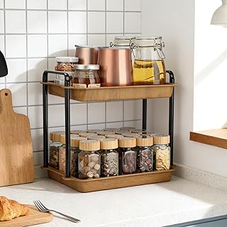 VINATO Gewürzregal mit 2 Ebenen, Küchenregal aus Kohlenstoffstahl & Holzimitat, verstärkte Eisenstangen, für Arbeitsplatte, Bad, Büro, Wohnzimmer