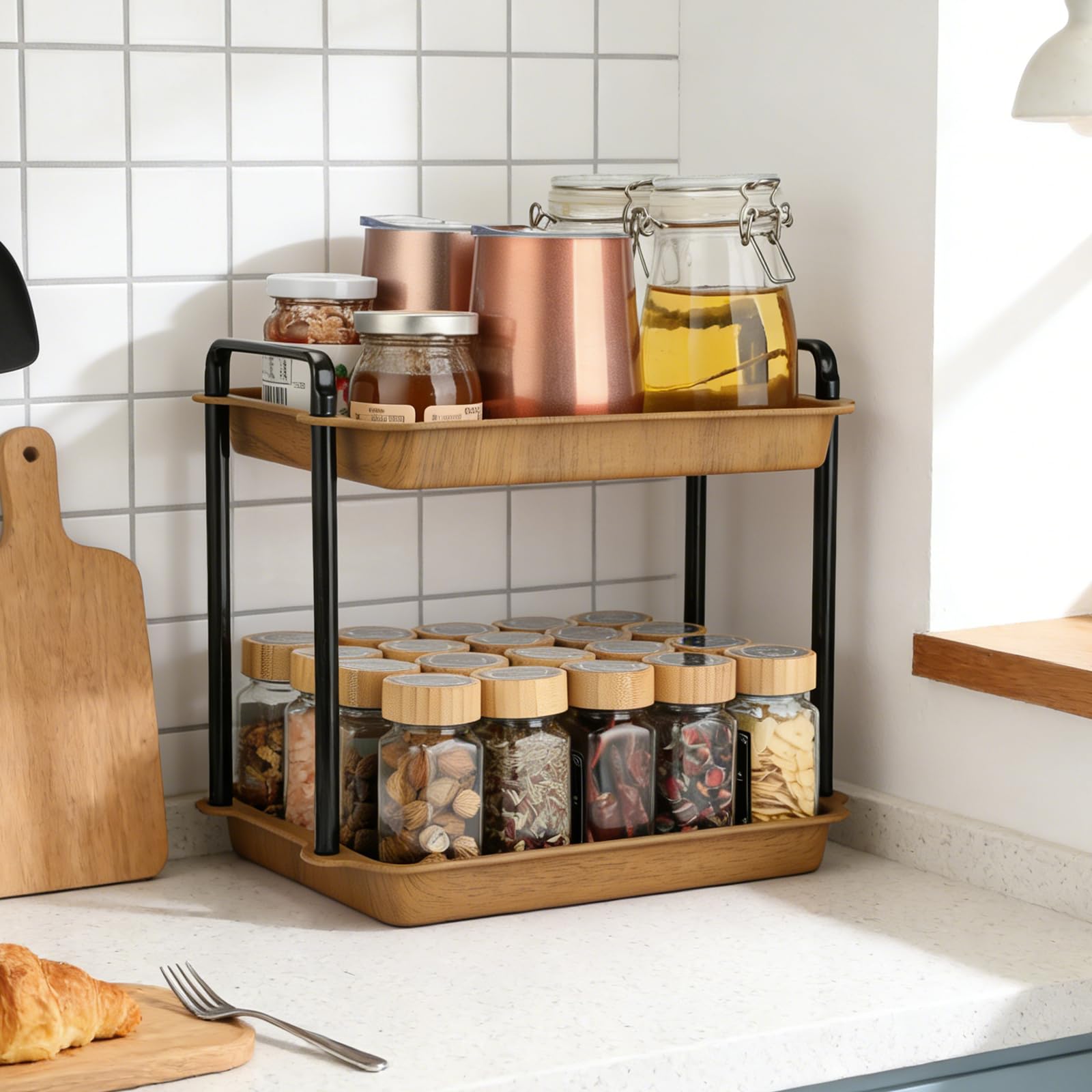 Étagère à Épices VINATO en Acier Carbone et Imitation Bois - Rangement Pratique 2 Étagères