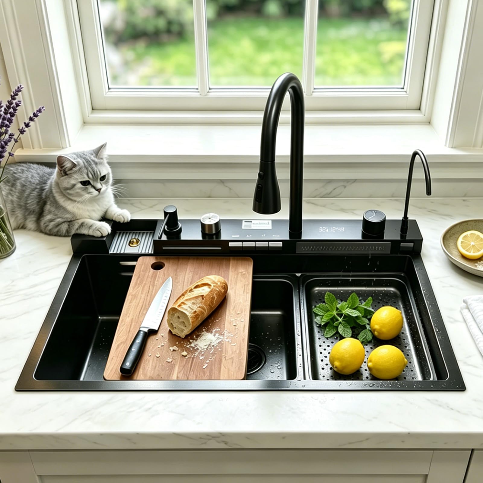 KOOGIMDDR 68 x 46 cm Waterfall Kitchen Sink, 1 Stainless Steel Sink Nano Coating, 4-Way Tap, Spacious Workstation, Sink in the Kitchen with Chopping Board, with Accessories