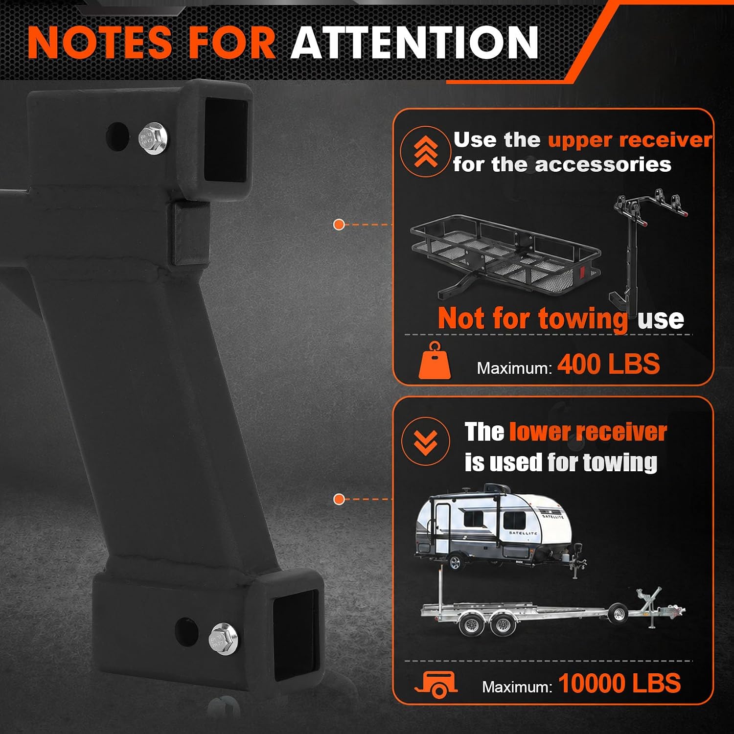 10000lbs 10-Inch Trailer Dual Hitch Extender Adapter, 2 Inch Receiver with 10 Inch Drop, Adjustable 9" or 10" Length, Trailer Hitch Dual Hitch, 3-Pack Hitch Pins and Universal Trailer Cap, Black