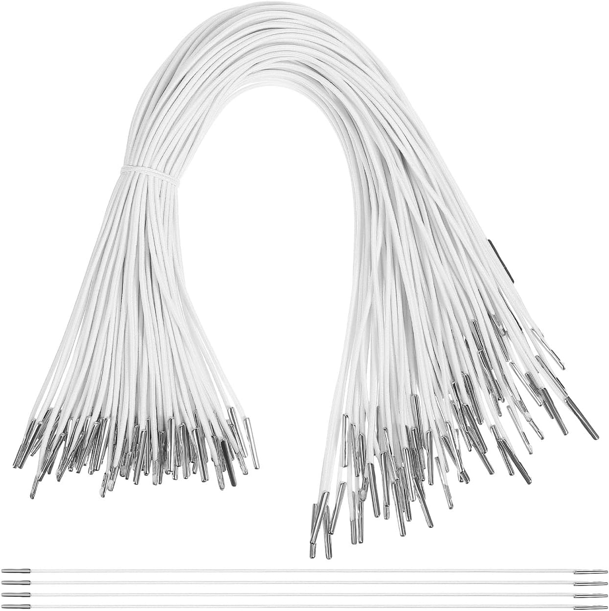NUOBESTY Elastic Barbed Cord, 200pcs Elastic Cords with Metal Ends Round String Extender Strap Rope for Mask Stretch Loop Band Mask Lanyard for DIY Party Hats, Masks