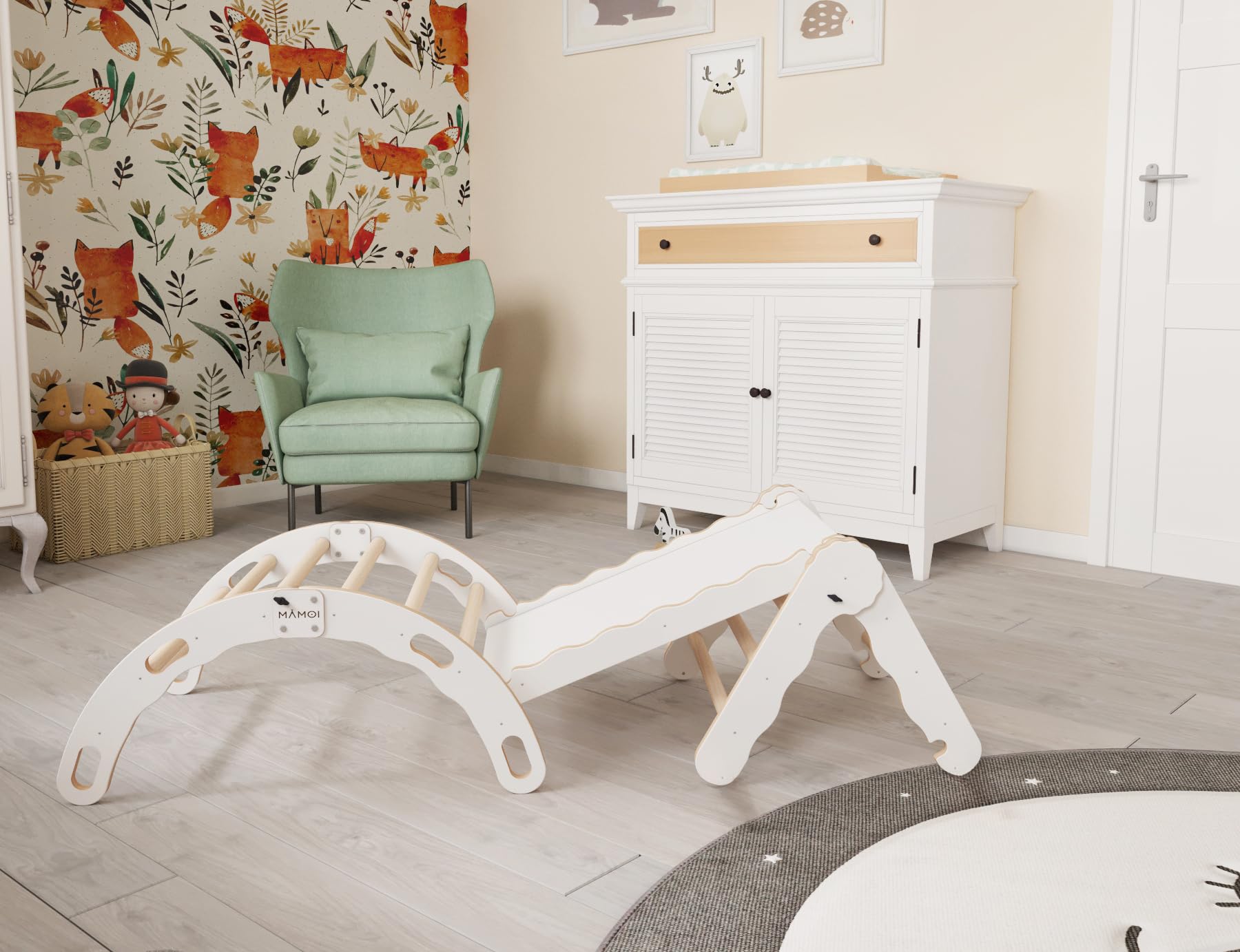 MAMOI® Set Klettergerüst Indoor, Kletterdreieck mit rutsche aus Holz, Kletterbogen, Klettergerüst mit Rutschbrett, Holzbogen für Spielplatz, Montessori