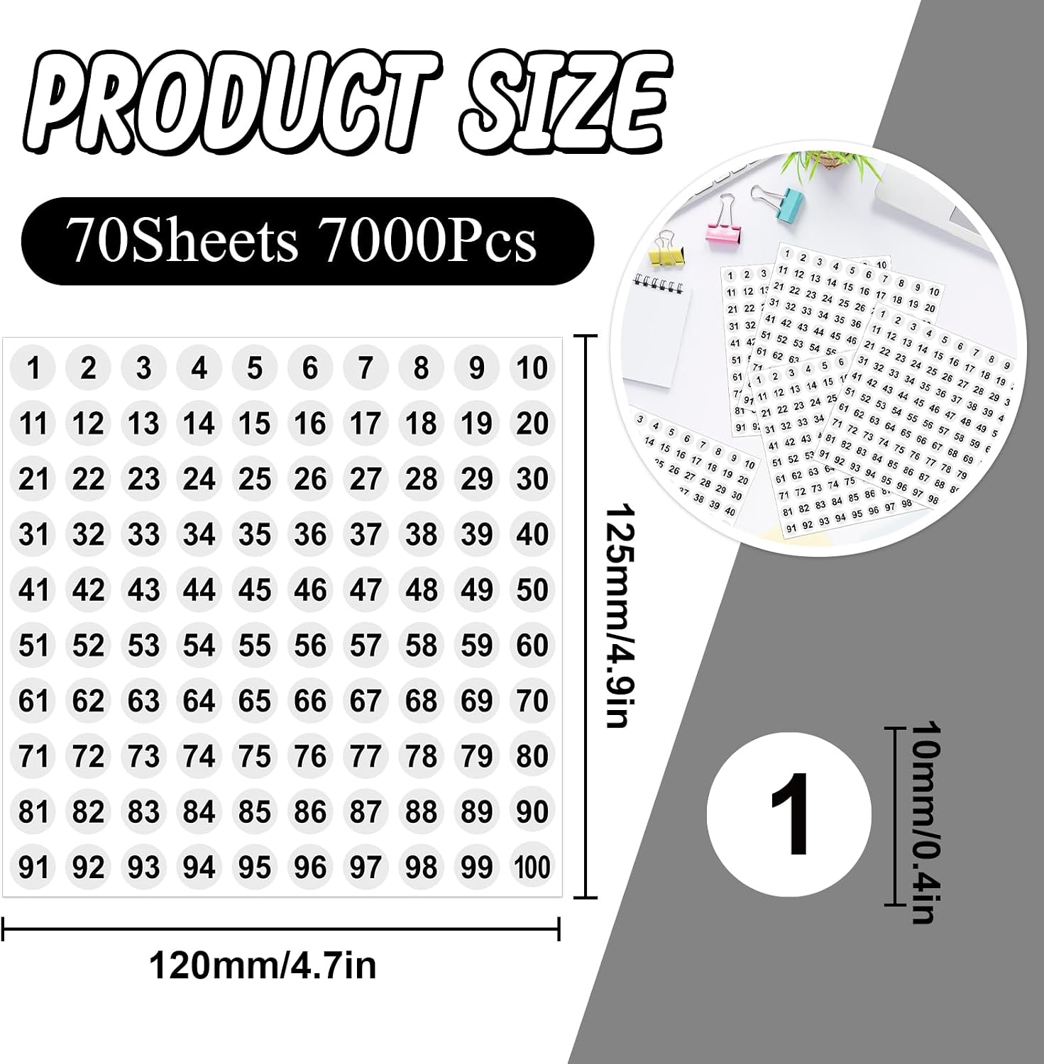 7000Pcs Number Stickers 1-100 Small Round Numbered Sticker,White