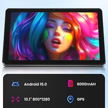 Android Tablet, 10.1 inch Android 15 Tablets 18 (6+12 GB RAM 128GB ROM, 1280x800 IPS HD Touchscreen,6000mAh Battery, Bluetooth, 2MP+5MP Dual Camera, GMS, WiFi (Black)