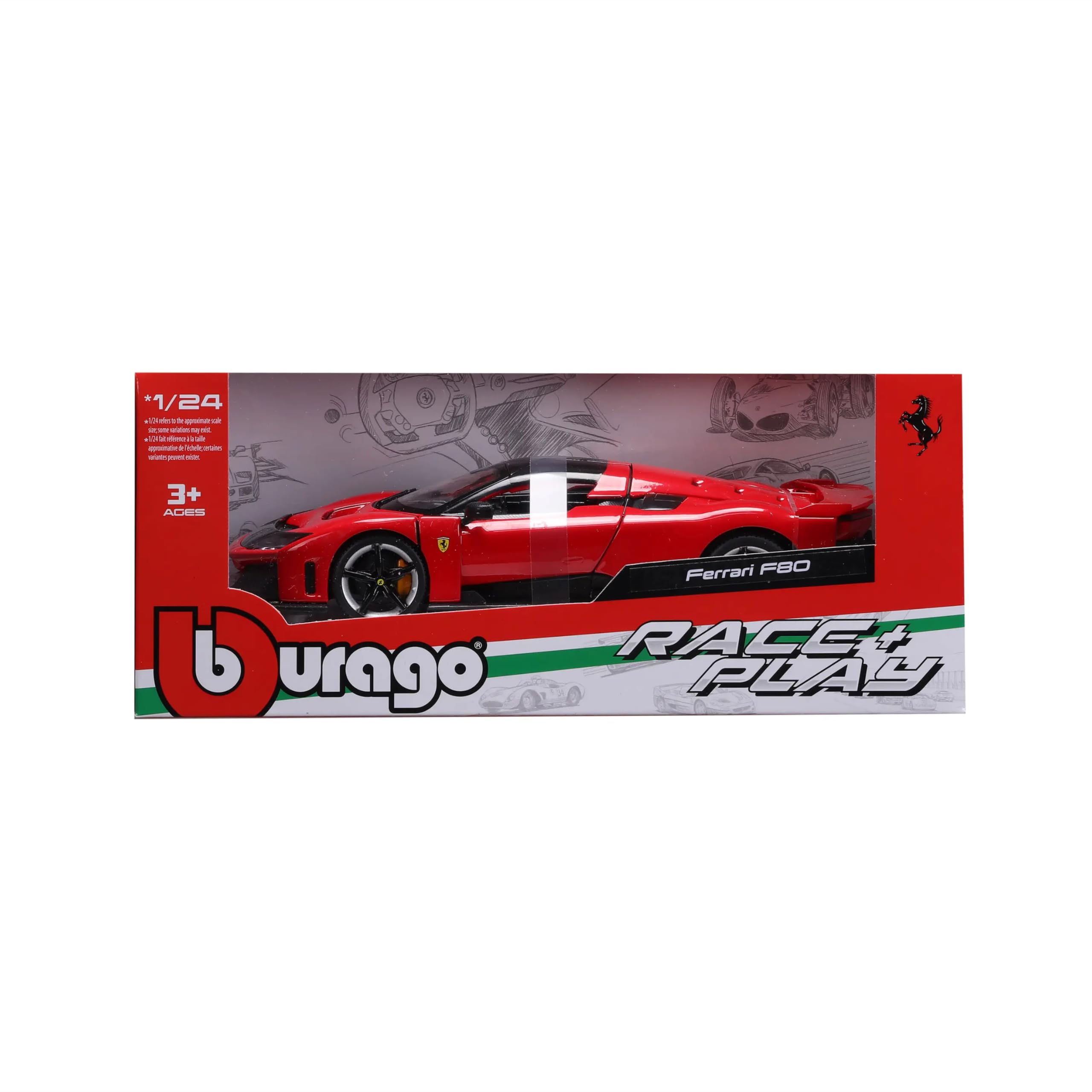 Bburago "Race&Play Ferrari F80, rosso – Supercar modellino 1:24 Die-Cast originale, auto giocattolo da collezione con porte mobili, cofano e bagagliaio a partire dai 3 anni in su (18-26034)