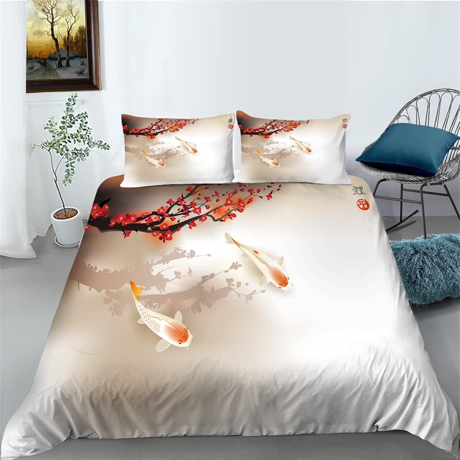 Podwójna poszwa na kołdrę w stylu chińskim miękka mikrofibra zestaw pościeli karpia worek puchowy 260 x 240 dwustronna drukowana 3D i 2 poszewki na poduszki M-195