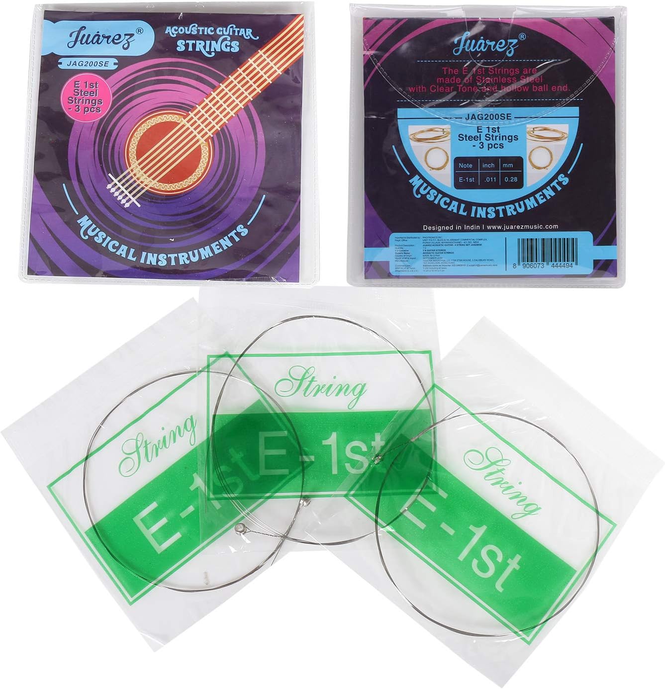 Juarez E 1st x 3 pc Acoustic Guitar Stainless Steel Strings Set, Clear ...