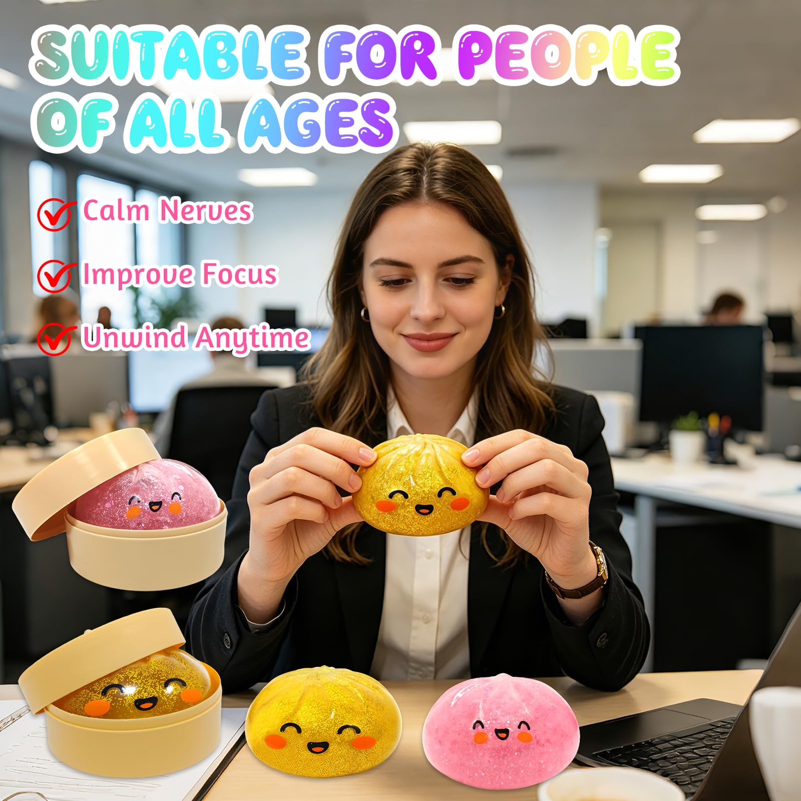 3 Pezzi Glitter Squishy Bao Dumpling + Butter Squishy Set, Giocattolo Sensoriale con Contenitore per Il Vapore, Dumpling Giocattolo Antistress per Alleviare adatto Bambini, Adulti, 25Toys1