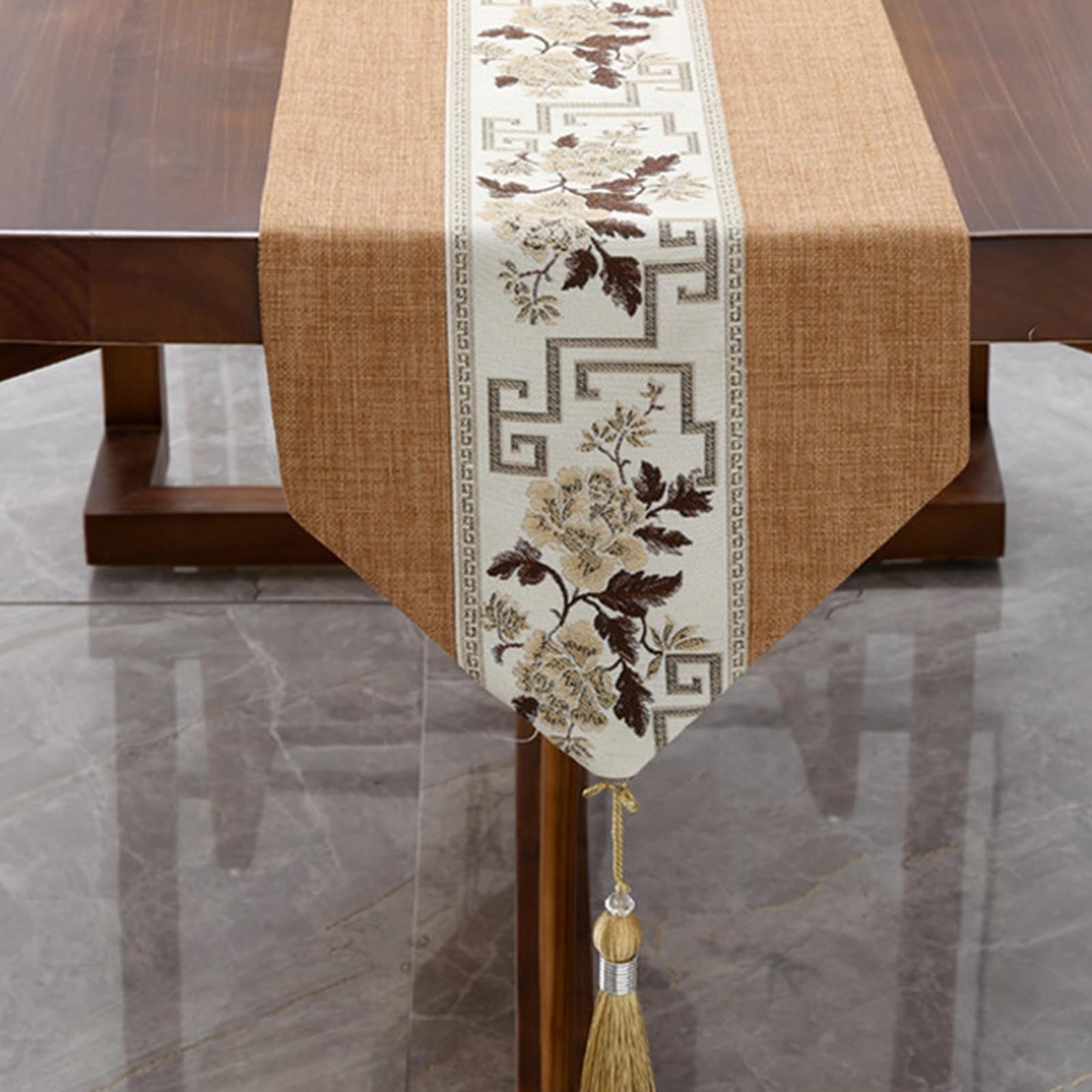 Tischläufer Polyester, Esstisch Tischläufer Abwaschbar Chinesischer Stil Mittlerer Gestreift Bestickt Blumen Muster mit Quasten Tischdecke für Küche Dekor, 33x240 cm, Beige Braun