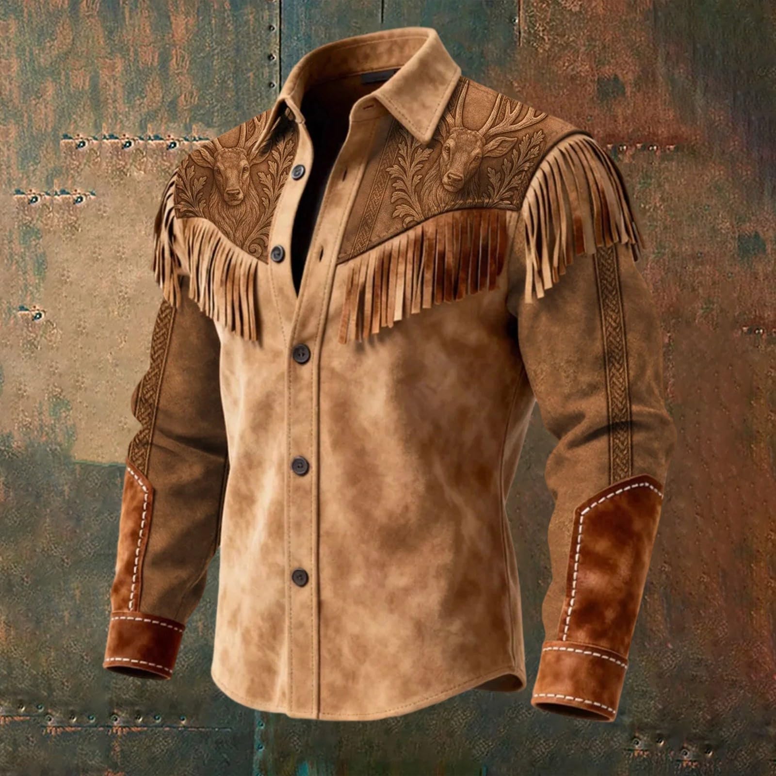 Generico Camicia Uomo Regular Fit Camicia Western Stile Cowboy con Frange Decorazione per Casual da Festival Musicale Country con Bottoni e Maniche Lunghe