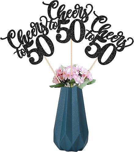 Paquete de 12 palitos de centro de mesa con purpurina ensamblados con número 50 y 50 cumpleaños, centro de mesa de flores para saludos a 50 años,