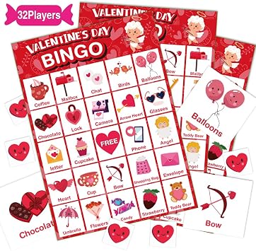 V-Opitos Valentines Day Bingo Game Card for Kids/Adults, 32 Players - Valentine Game for Family/School Classroom/Large Group, Valentine Party Favor for Boy/Girl